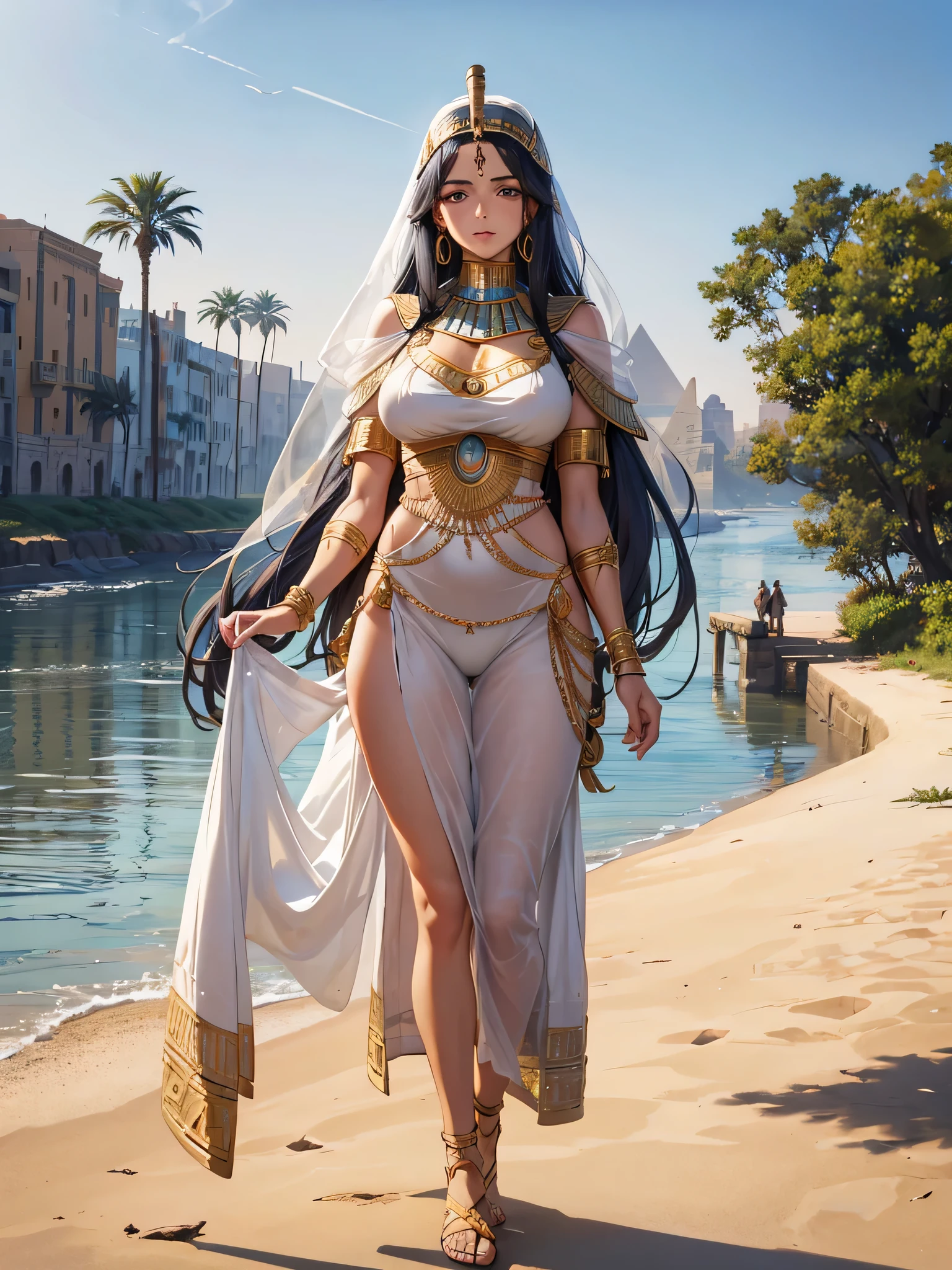 MahabharataPunkAI, ((see-through, clearswimsuit)), tan skin, beautiful, Egypt style, egypt girl, cute, 1 girl, uncensored