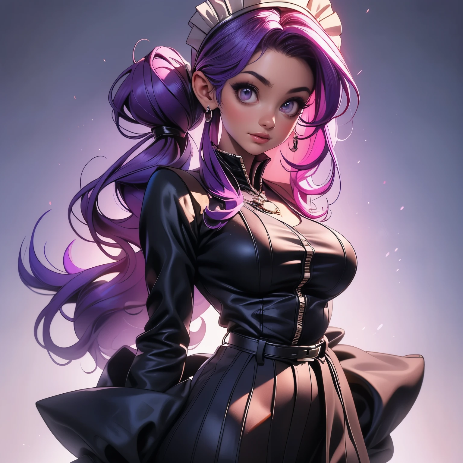 (masterpiece), best quality, 1girl, expressive eyes, perfect face, (purple hair), perfect anatomy, full body, 4k, HDR, full HD, solo, she is wearing maid's clothes, her skirt is short, her blouse is fitted and tight, she wears a V-neckline, her hair is in two pigtails, she wears white stockings under her skirt,