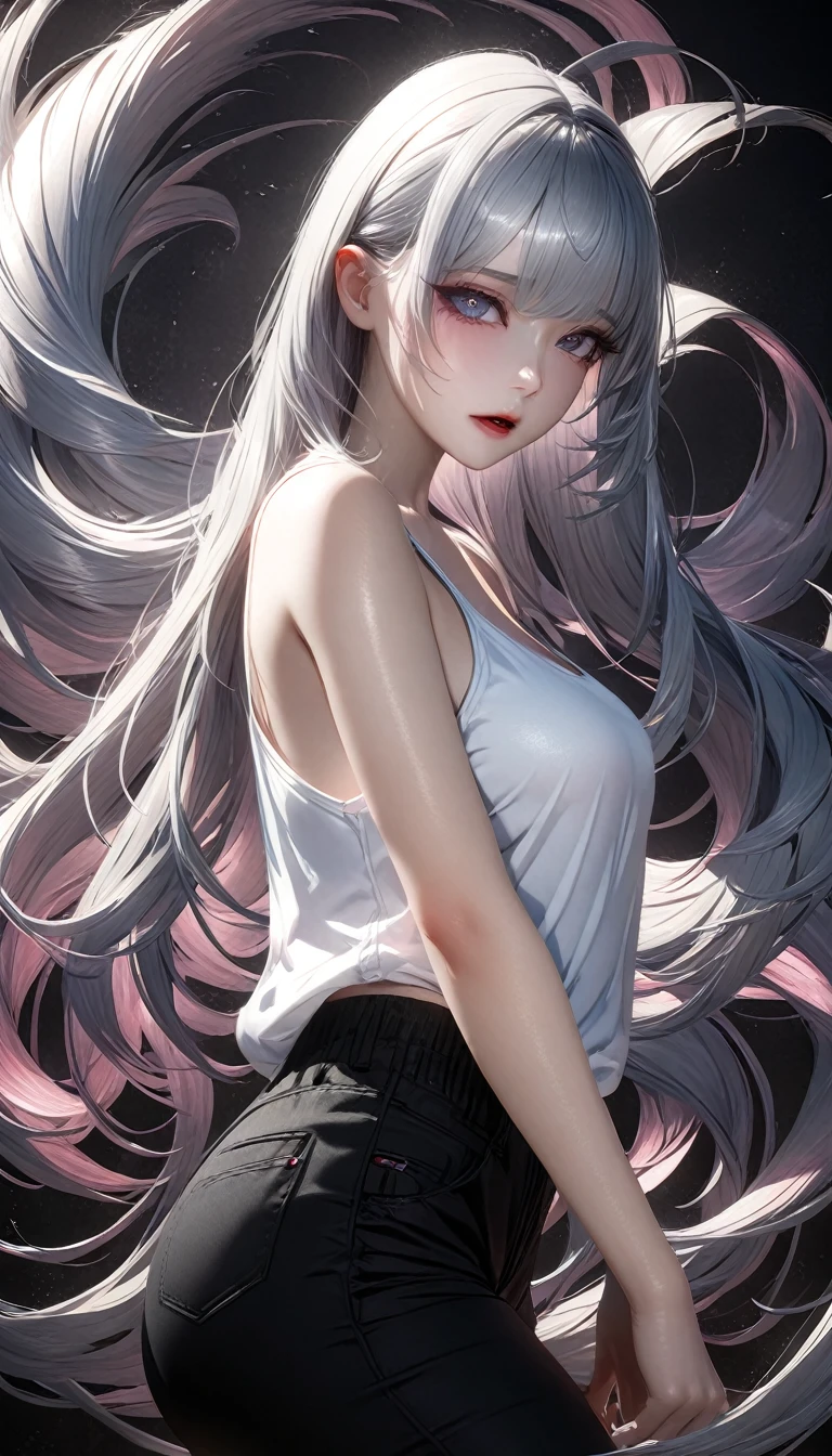 (Highest quality,Super detailed,High resolution:1.2),beautiful woman with perfect face,very_Long eyelashes, Detailed lips, Cool look, Soft Skin, Shiny Hair,Exquisite makeup,Heavy bangs，Dilated grey eyes，Straight Long Hair, Sleeveless see-through shirt，Geometric tattoos on thighs and arms，