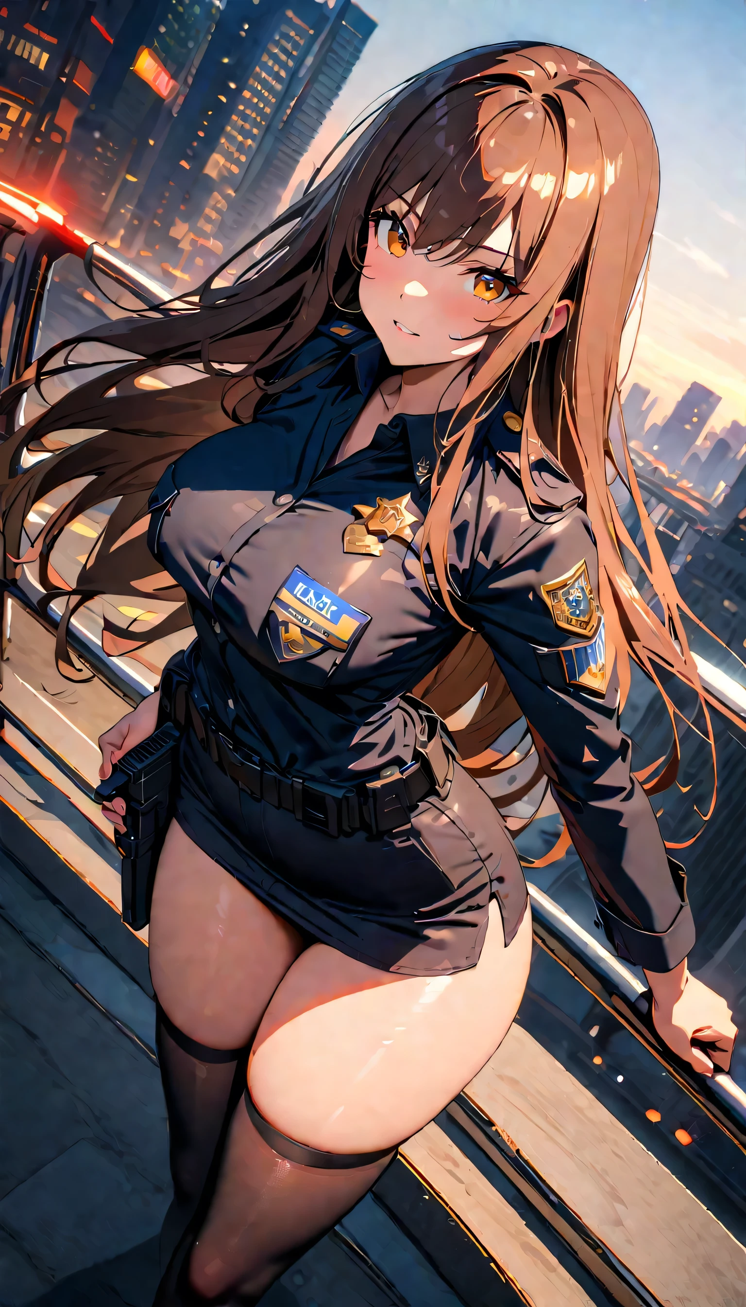 (high quality, 8k, 4k, high contrast, masterpiece:1.2, best quality, best aesthetics), (dynamic angle), Sexy female police officer, Detailed face and body, Beautiful breasts, confident look, (brown hair, long hair), Shiny black uniform, Tactical belt with equipment, Glossy Badges and Name Tags, Carrying a small handgun, Standing in a dynamic pose, dutch angle, Flashing police car lights against cityscape background,