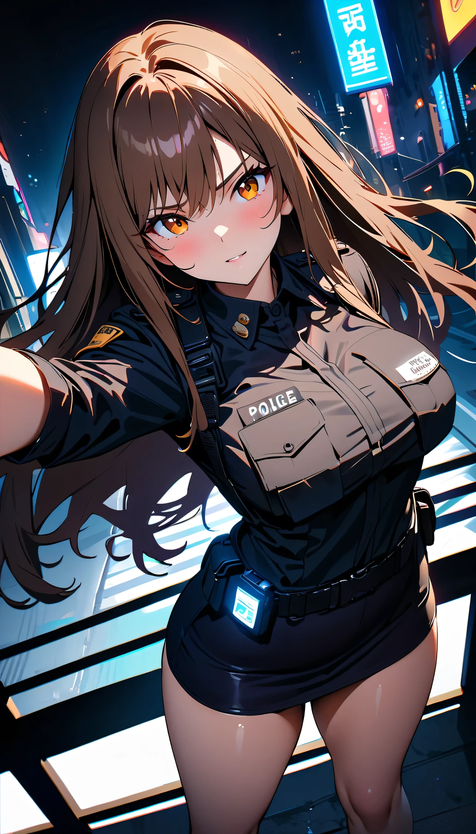 (high quality, 8k, 4k, high contrast, masterpiece:1.2, best quality, best aesthetics), (dynamic angle), Sexy female police officer, Detailed face and body, Beautiful breasts, confident look, (brown hair, long hair), Shiny black uniform, Tactical belt with equipment, Glossy Badges and Name Tags, Carrying a small handgun, Standing in a dynamic pose, dutch angle, Flashing police car lights against cityscape background, mini skirt