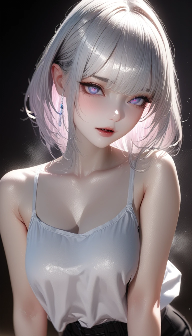 8k picture of beautiful woman, (short silver hair), (cat ears), intricate, elegant, highly detailed, majestic, perfect skin, (wet skin, shiny skin), (shy look), ((dripping from face)), digital photography, art by artgerm and ruan jia and greg rutkowski surreal painting, ((pink see-through)), thong, ((collar, on a leash)), (bedroom), (flashing), ((big breasts)), (masterpiece, sidelighting, finely detailed beautiful eyes: 1.3), hdr, narrow waist, eyeliner, (camel toe), (exposed breasts, under boob), (cowgirl position)