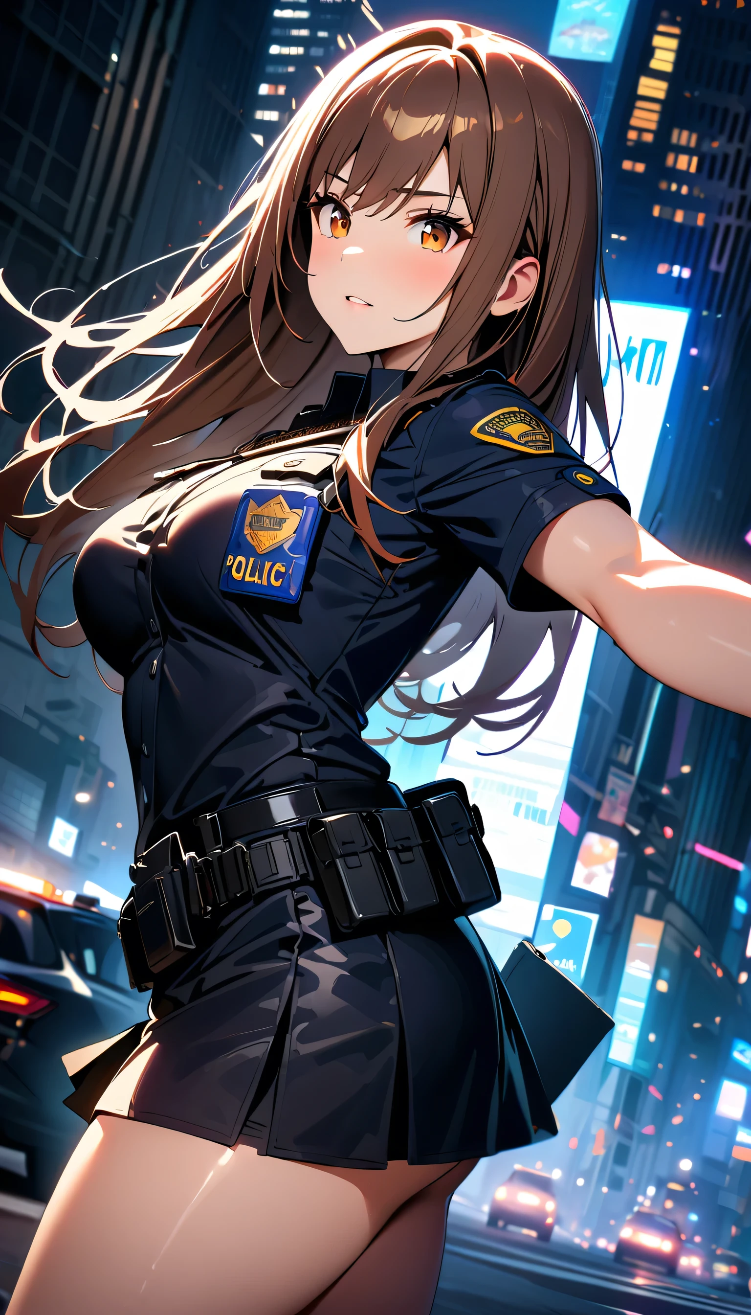 (high quality, 8k, 4k, high contrast, masterpiece:1.2, best quality, best aesthetics), (dynamic angle), Sexy female police officer, Detailed face and body, Beautiful breasts, confident look, (brown hair, long hair), Shiny black uniform, Tactical belt with equipment, Glossy Badges and Name Tags, Carrying a small handgun, Standing in a dynamic pose, dutch angle, Flashing police car lights against cityscape background, mini skirt