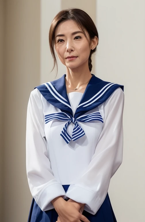 (Best Quality, hight resolution, Hires, Skin definition, Detailed skin, Detailed eyes, Detailed face, 4K, 日本人A MILF, (Solo), (((60 years old))), (Wrinkles at the corners of the eyes:1.7), (nasolabial folds:1.7), A MILF, glamor, A sexy, Chromo-white skin, (((Longhaire))), Looking at Viewer,(((my skin is old))), ((muscles are old)), ((Japanese Models)), 4K, 8K, (photoRealistic:1.5), Realistic, nffsw, Beautiful, Bimbo, (((makeup))), small diamond necklace, piercings, {(((white and navy sailor))), (((uniform))), (((a sailor suit))), (((neckerchief))), Navel is visible, (((Dark blue pleated skirt))),(micromini skirt)}, lowfers, thick thighs, big butts, wide hips, Curve, busty, Solo, ‎Classroom, Spread legs, Squatting, Full body photo