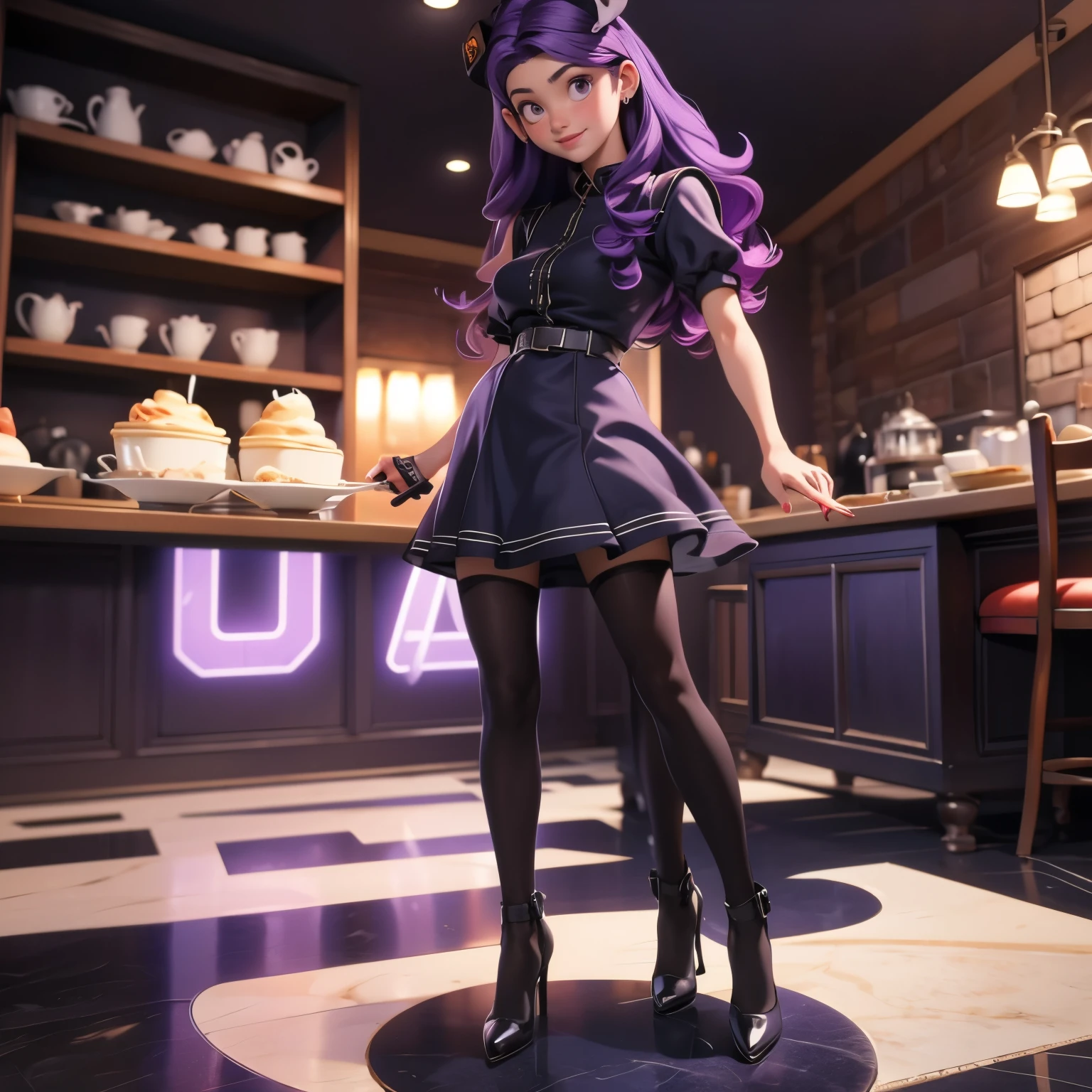 (masterpiece), best quality, 1girl, expressive eyes, perfect face, (purple hair), perfect anatomy, full body, 4k, HDR, full HD, alone, wears maid-type clothes, but with a panda bear theme, as if I was a cafe maid worker,