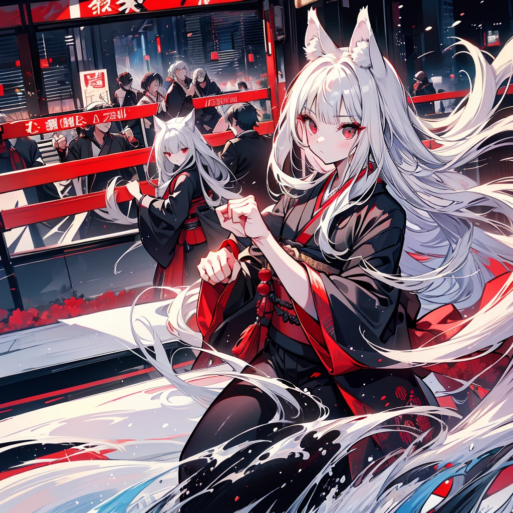 high quality, Wolf ears,Black kimono,Gray Hair,Long Hair, Captivating red eyes,Nice,Japanese Style,fight,martial arts,fist,fistのfight,movie,fightfield,karate,Breaking the path of the fist,Ready your fist,discovery