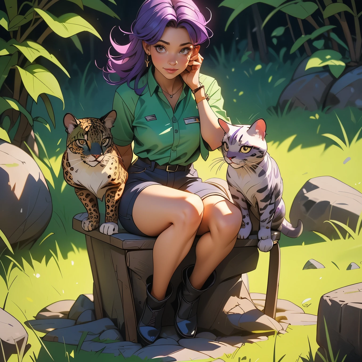 (masterpiece), best quality, 1girl, expressive eyes, perfect face, (purple hair), perfect anatomy, full body, 4k, HDR, full HD, alone, works as a veterinarian in a zoo, wears green veterinary clothes At his feet there is a baby leopard,