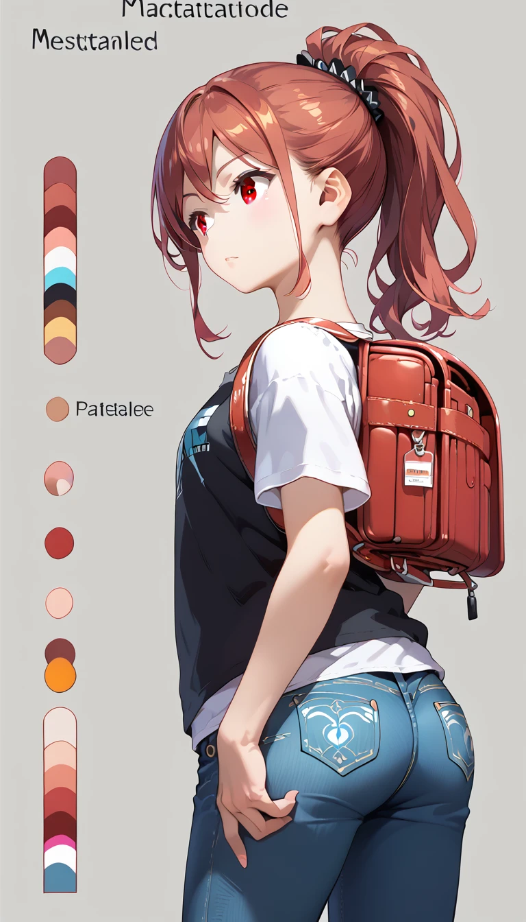 (draw) ((masterpiece, best quality)) (character design sheet, same character, front, side, back, with words written around it) a woman with long, red hair and a ponytail hairstyle, brown eyes, wearing a bulletproof vest, a long-sleeved T-shirt with the zipper closed, a white shirt and jeans, backpack, standing relaxing