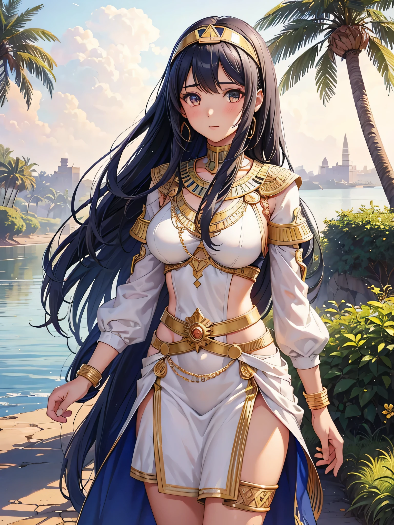 All intricate realistic details: "An ancient Egyptian **** girl walking along the banks of the Nile River, Her body and face are similar to Pricilla Ricart, Lightweight clothing due to the heat, anime mappa style, with detailed and intricate realistic frontal elements with more facial details if possible"