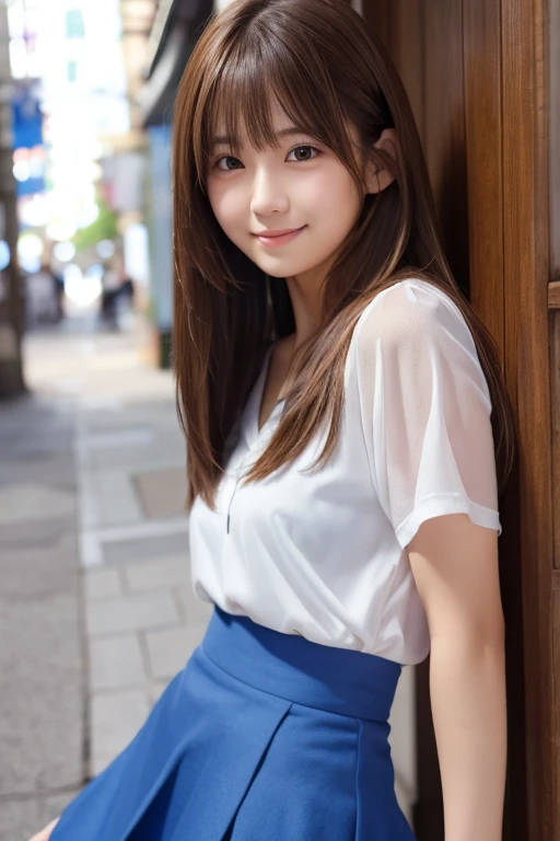 8k、High definition、Ultra Detail、Photorealistic、Realistic and accurate depiction、Realistic and accurate human anatomy、High resolution、Highest quality、Japanese Beauty、Best Quality,フォトリアリスティックHigh resolution,Cute Woman,Beautiful detailed eyes,Beautiful detailed lips,Smiling,Laughing,Cute,enjoy,Happy smile,Magical moments,looking at the camera、A slender body、Happy expression、Visible dimples、Random medium hairstyles、22 years old、Show the whole body、A neat and cute blouse design、A skirt with a neat and cute design