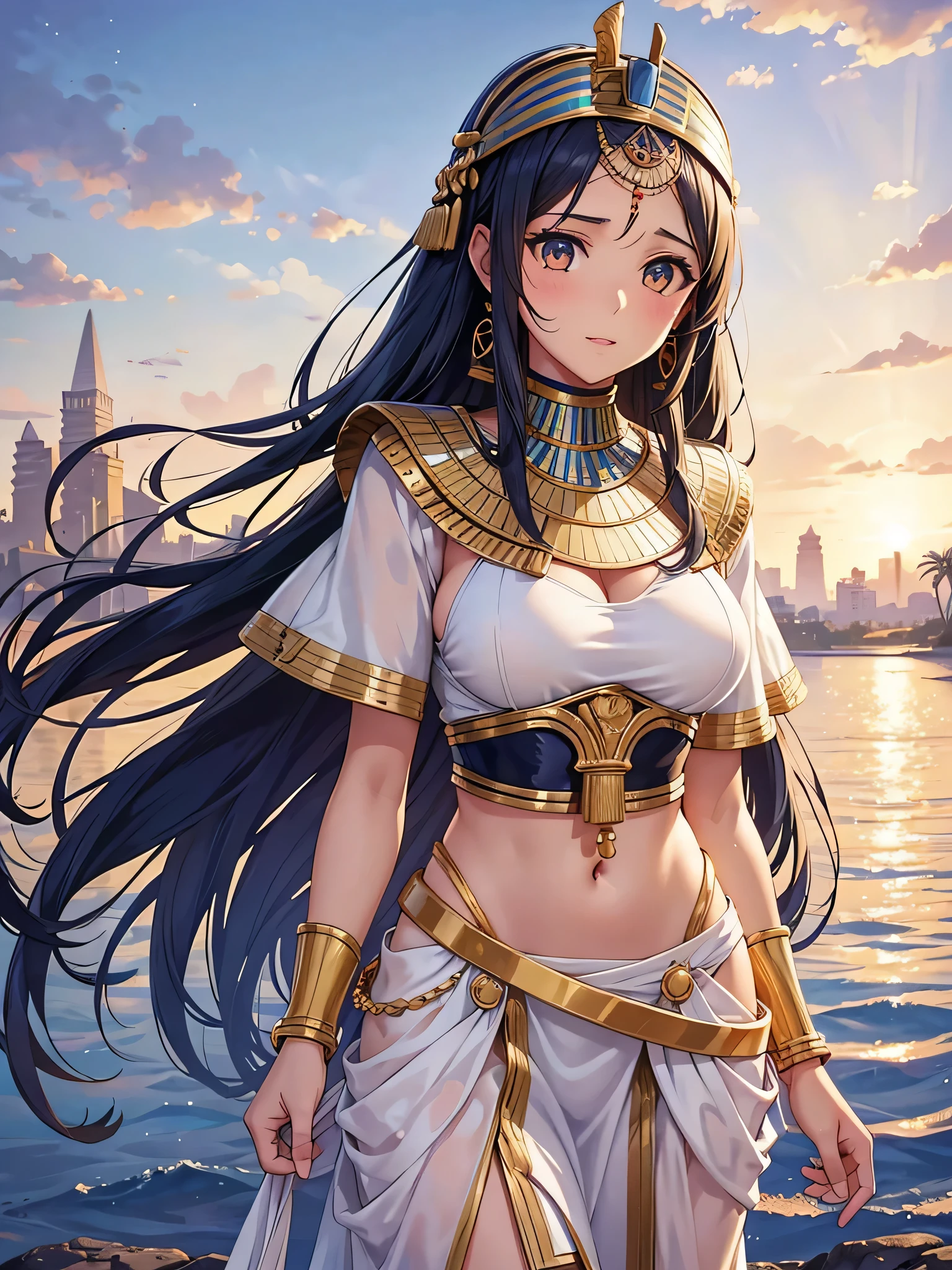 All intricate realistic details: "An ancient Egyptian  girl walking along the banks of the Nile River, Her body and face are similar to Pricilla Ricart, Lightweight clothing due to the heat, anime mappa style, with detailed and intricate realistic frontal elements with more facial details if possible"