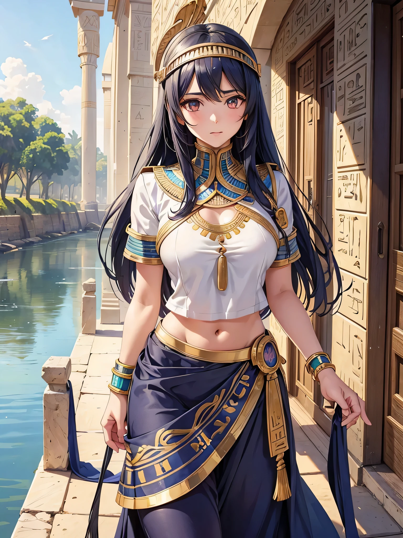 All intricate realistic details: "An ancient Egyptian  girl walking along the banks of the Nile River, Her body and face are similar to Pricilla Ricart, Lightweight clothing due to the heat, anime mappa style, with detailed and intricate realistic frontal elements with more facial details if possible"