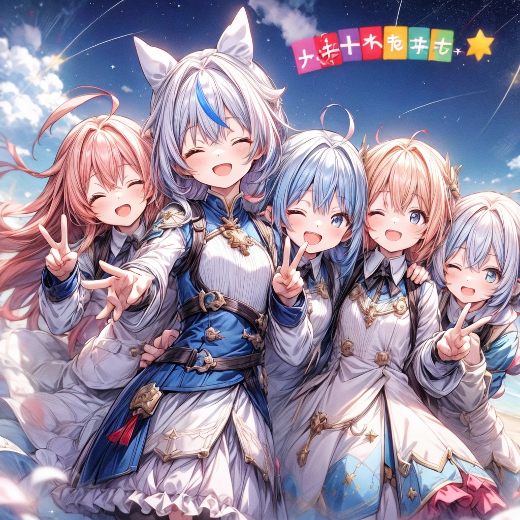 6+ girl, Multi-colored hair, Random Heroine Outfit, Random cute faces, Game heroine, Very happy smile, Open your mouth, Eyes closed, Group shot, Zoom Camera, Peace sign, Happy Ending, Starry Sky