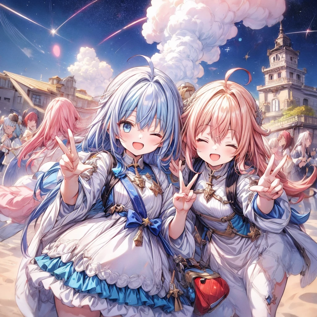 6+ girl, Multi-colored hair, Random Heroine Outfit, Random cute faces, Game heroine, Very happy smile, Open your mouth, Eyes closed, Group shot, Zoom Camera, Peace sign, Happy Ending, Starry Sky