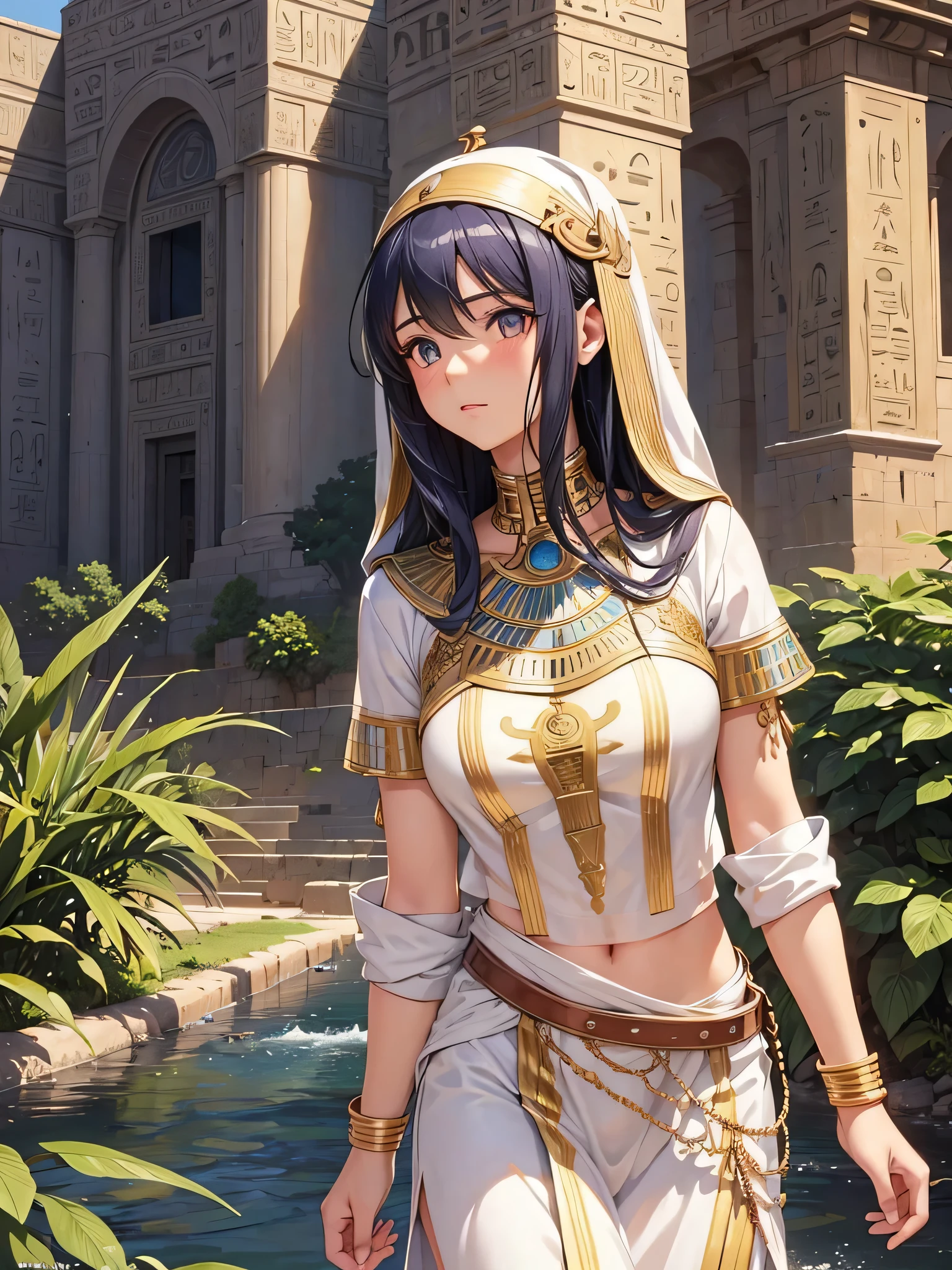 All intricate realistic details: "An ancient Egyptian teen girl walking along the banks of the Nile River, Her body and face are similar to Pricilla Ricart, Lightweight clothing due to the heat, anime mappa style, with detailed and intricate realistic frontal elements with more facial details if possible"