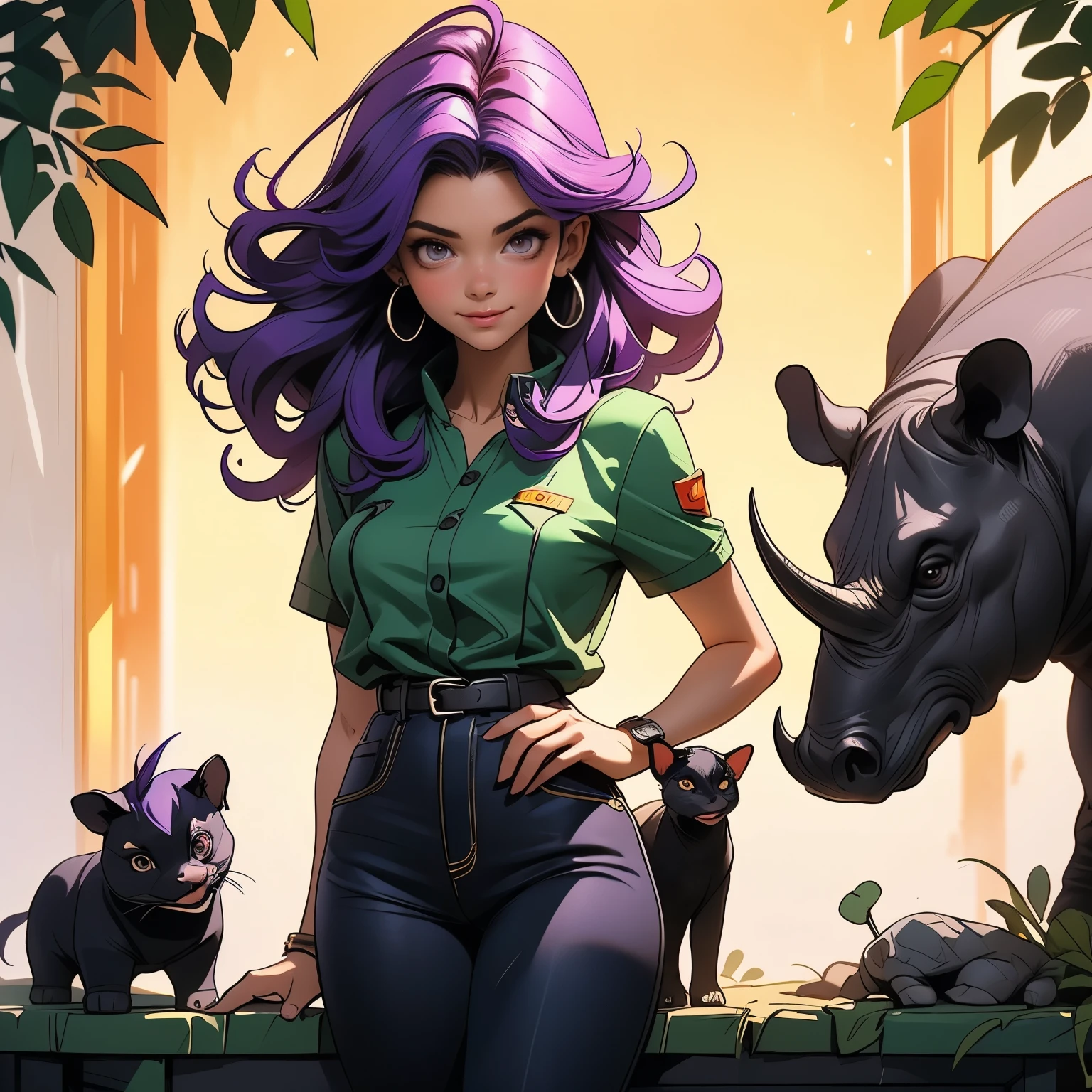 (masterpiece), best quality, 1girl, expressive eyes, perfect face, (purple hair), perfect anatomy, full body, 4k, HDR, full HD, alone, works as a veterinarian in a zoo, wears green veterinary clothes , she is observing a baby rhinoceros,