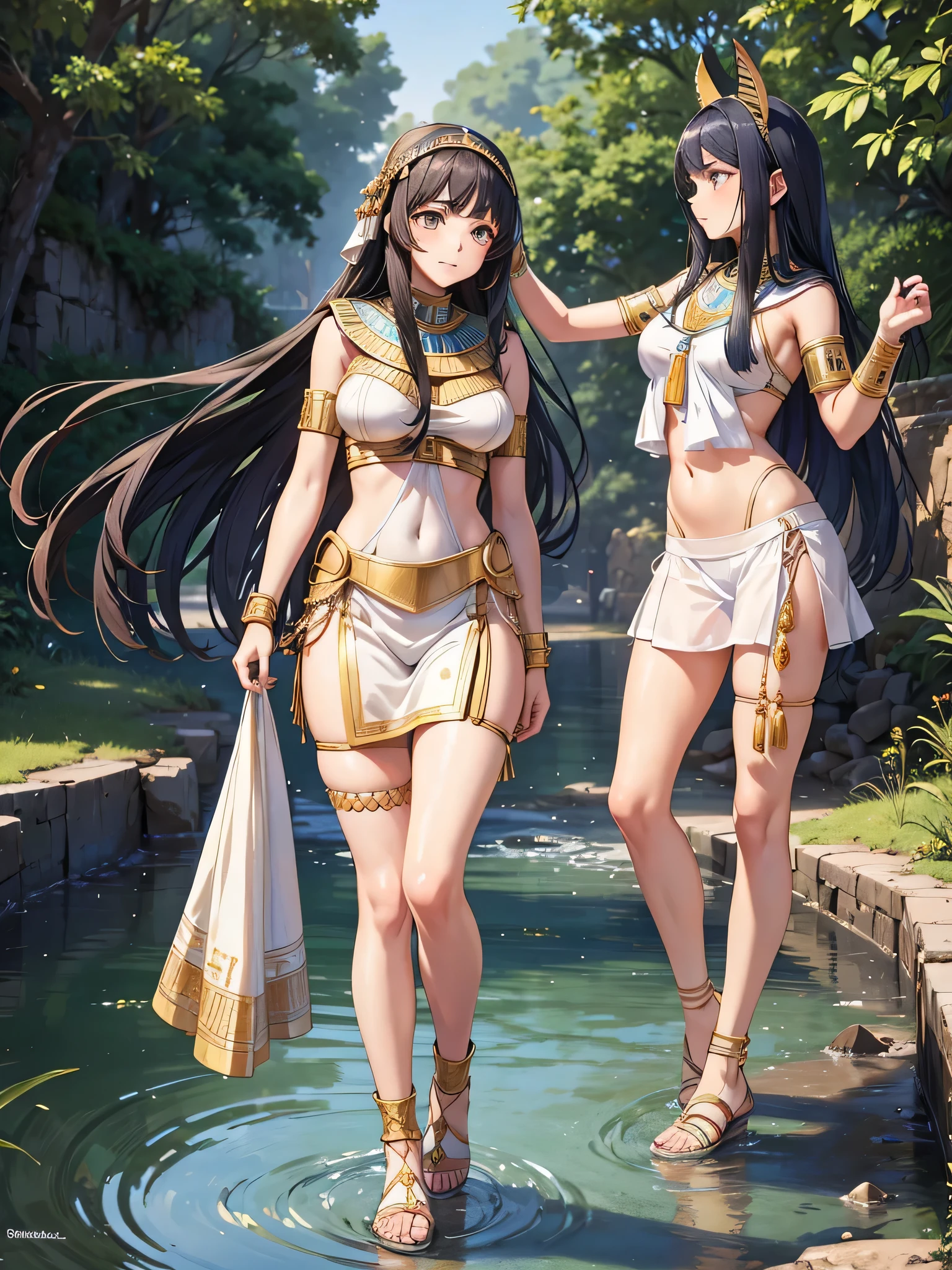 All intricate realistic details: "An ancient Egyptian girl walking along the banks of the Nile River, Her body and face are similar to Pricilla Ricart, Lightweight clothing due to the heat, anime mappa style, with detailed and intricate realistic frontal elements with more facial details if possible"