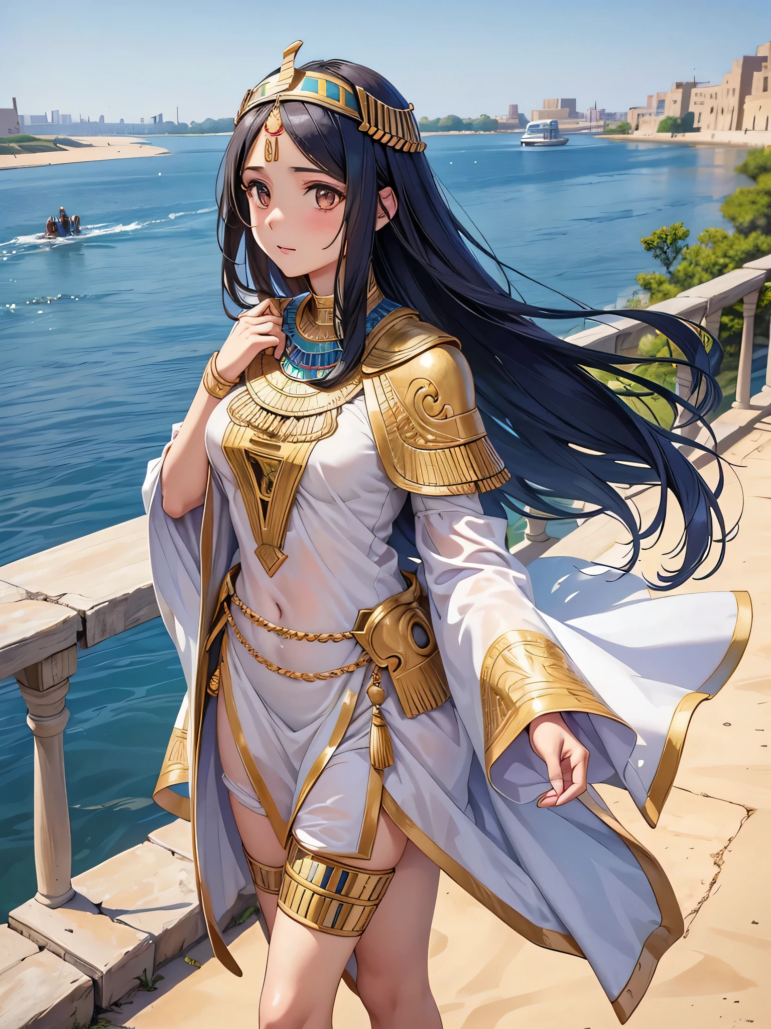 All intricate realistic details: "An ancient Egyptian teen girl walking along the banks of the Nile River, Her body and face are similar to Pricilla Ricart, Lightweight clothing due to the heat, anime mappa style, with detailed and intricate realistic frontal elements with more facial details if possible"