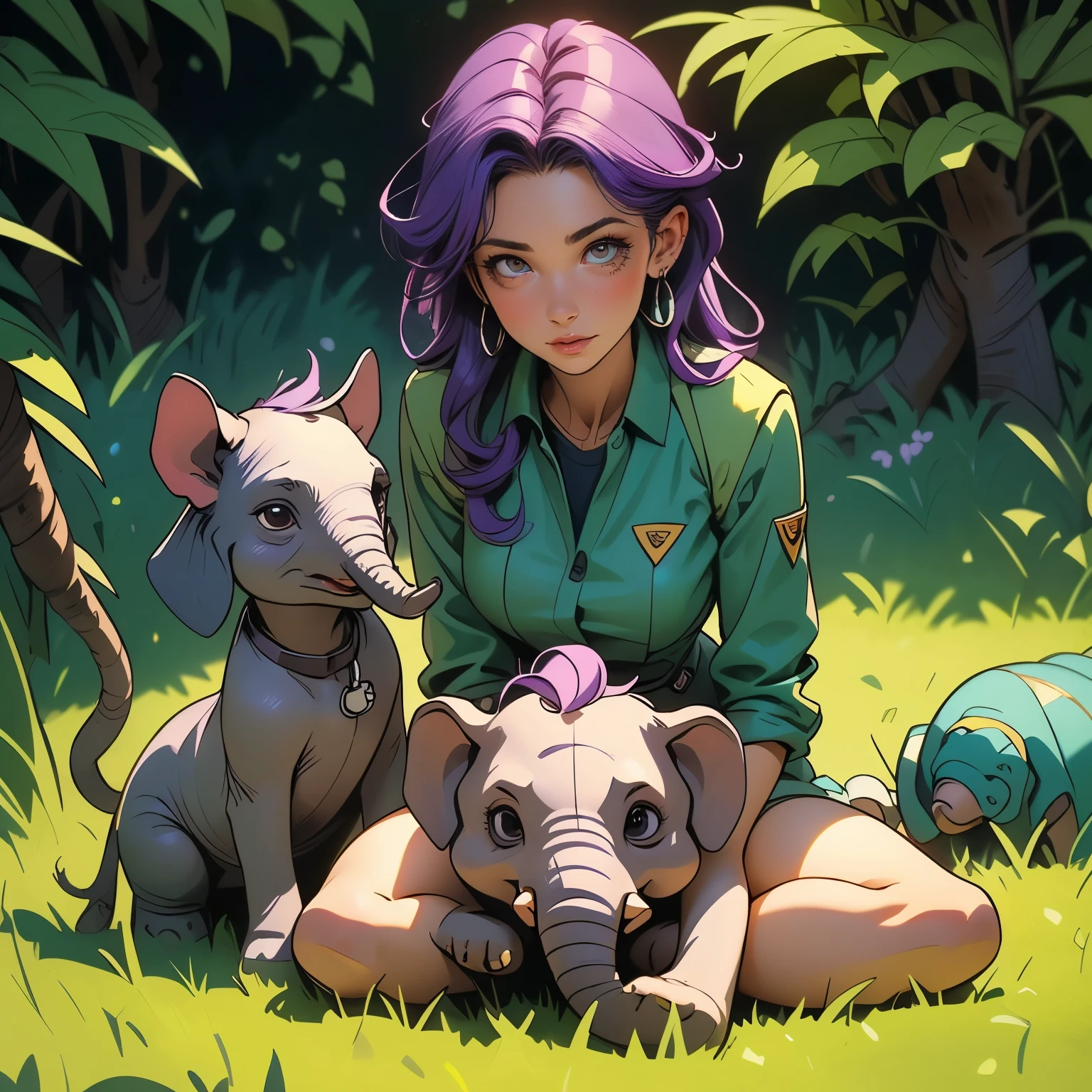 (masterpiece), best quality, 1girl, expressive eyes, perfect face, (purple hair), perfect anatomy, full body, 4k, HDR, full HD, alone, works as a veterinarian in a zoo, wears green veterinary clothes , she is sitting on the grass, near her a baby elephant is lying down, she is in nature mode,