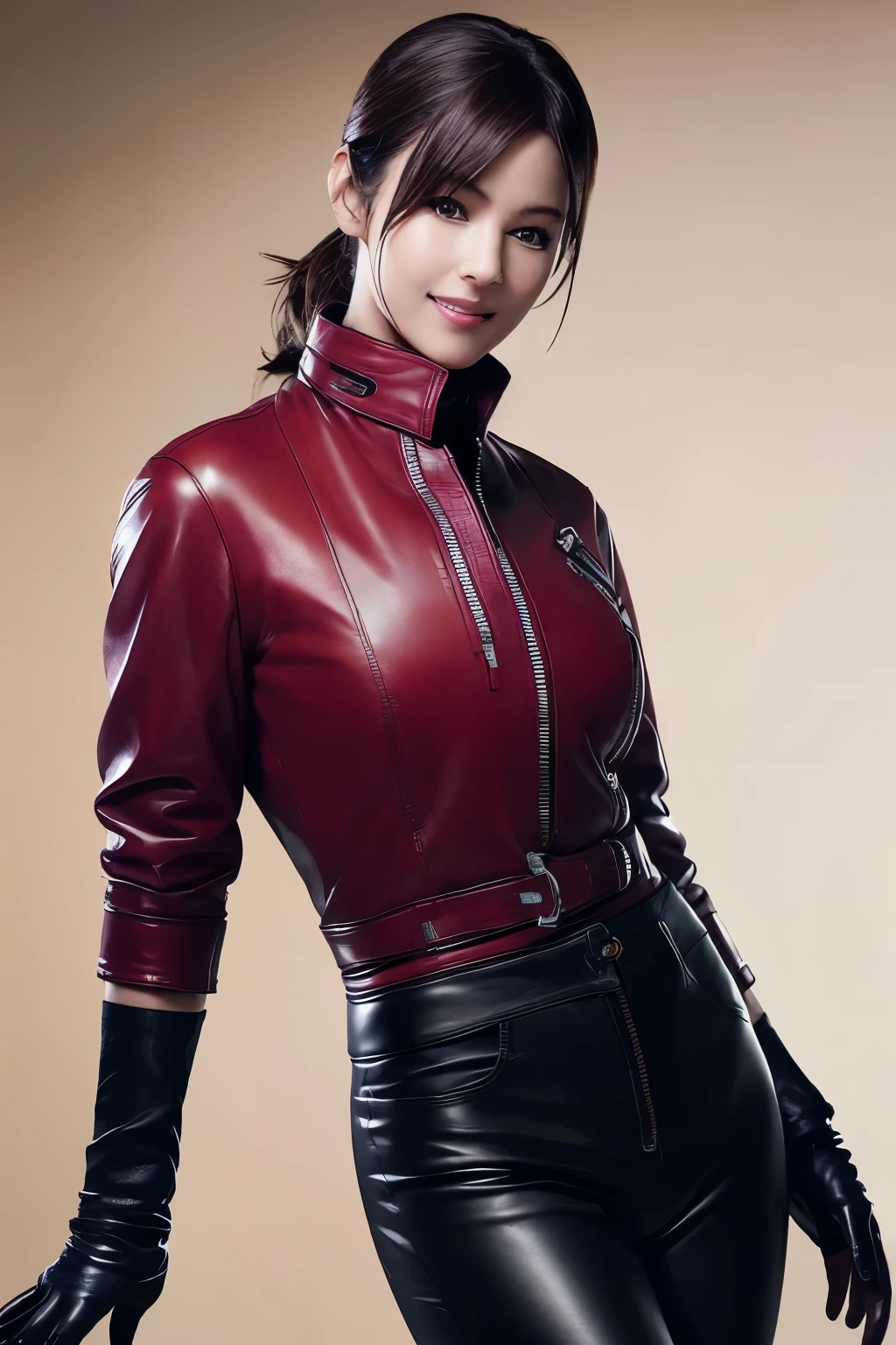 (Realism:1.4),Resident Evil 6,Ada,No background,A body that makes you want to touch it,foxy make up,Pink Lips,smile,she is Wearing ((long sleeve rider jacket(red leather)) and((Skinny long pants(Black leather))) and ((((gloves)))(black leather)),intelligent and beautiful star model,(chin is thin),Costume made of thick leather fabric, (G cup breasts)(slender body shape) ,smile,,Looking at viewer, High Resolution, 