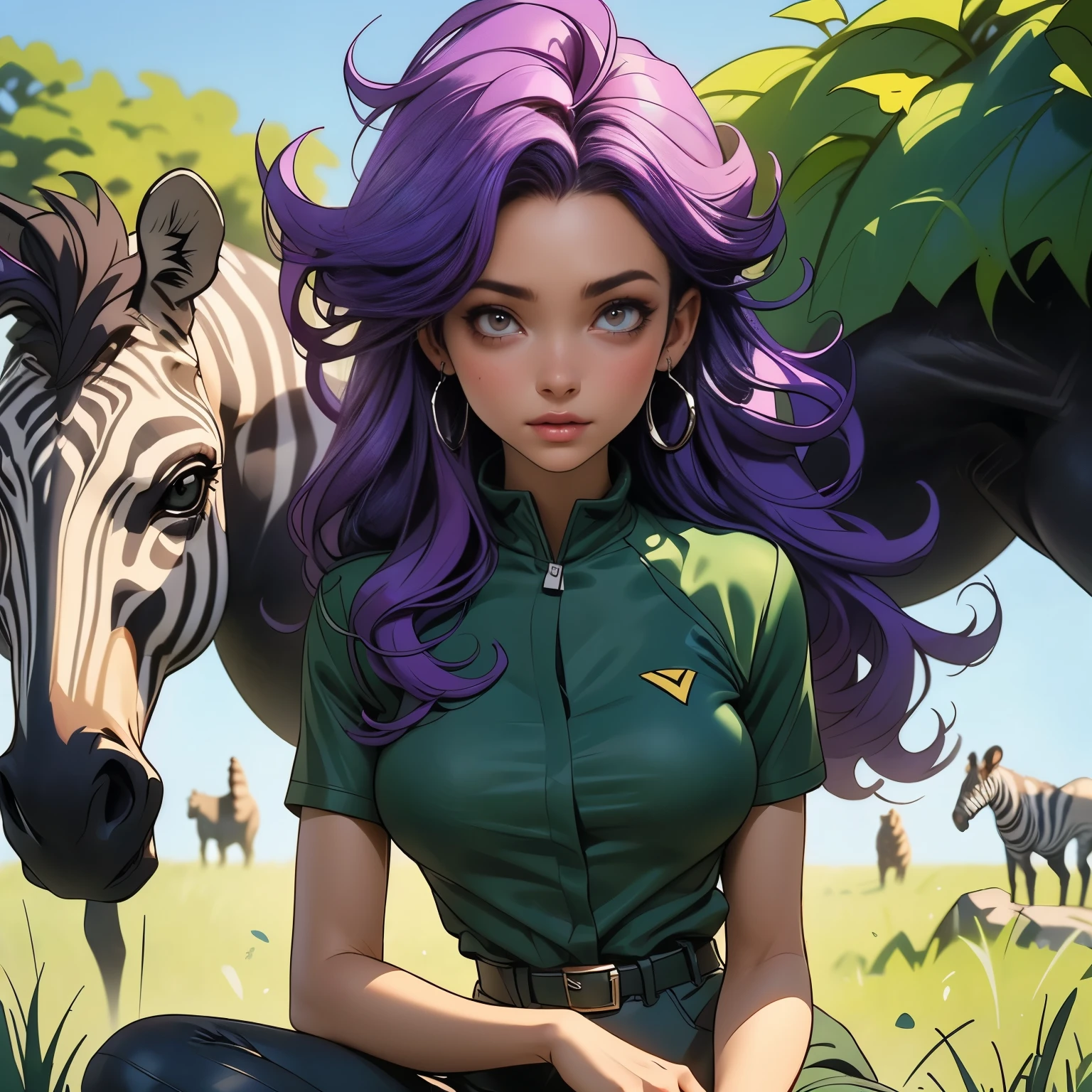 (masterpiece), best quality, 1girl, expressive eyes, perfect face, (purple hair), perfect anatomy, full body, 4k, HDR, full HD, alone, works as a veterinarian in a zoo, wears green veterinary clothes , is sitting on the grass, in the background a group of zebras can be seen grazing wildly.