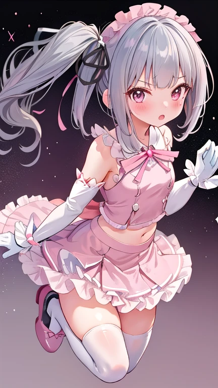 Beautiful illustrations、(jumping:1.2), (magical girl pastel pink outfit,frilled mini skirt:1.3),(white shirts:1.1),(magical brooch:1.1),gloves,hair ornament,(bare shoulders:1.2),earring,thighhighs,(masterpiece、Best Quality、8k ), (Beautiful details), Detailed face, Perfect lighting, Highly detailed CG, (Perfect hands, Perfect Anatomy), 1 cute girl,girl, Kasumi_Kantai Collection, gray_hair, length_hair, side_ponytail, ribbon, brown_eye, hair_ribbon,  black_ribbon,Cute face、Sparkling eye、Thighs、(full body)、