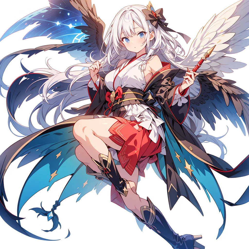 (masterpiece, Highest quality), (perfect athletic body:1.2), (Thin Hair), 非常にdetailedな, Anime Style, whole body, alone,  Gothloli kimono, Fairy Wings,Magical girl、Magic giant wand、  White hair and brown skin, High Boots,Floating in the blue sky, High heel boots, 8K high resolution, White Background, whole body,Super huge、detailed、dynamic、