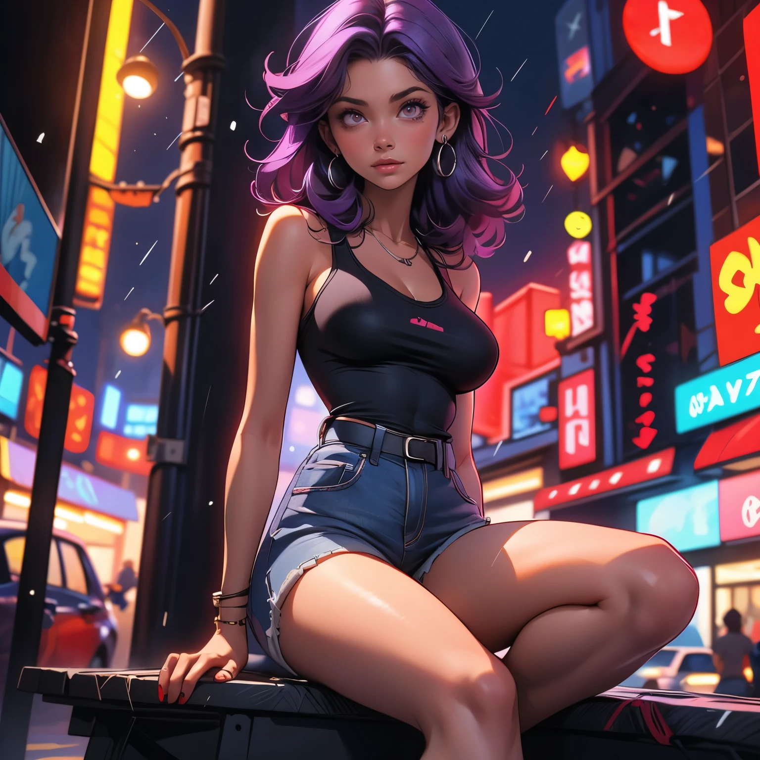 (masterpiece), best quality, 1girl, expressive eyes, perfect face, (purple hair), perfect anatomy, full body, 4k, HDR, full HD, alone,
short dark purple hair hanging down spiky, red tank top, bulging chest,  bra strap visible, sitting on a bench against a concrete wall,  holding lollipop, short shorts, skimpy, (red light district),  dim lighting, raining, night, neon lit,