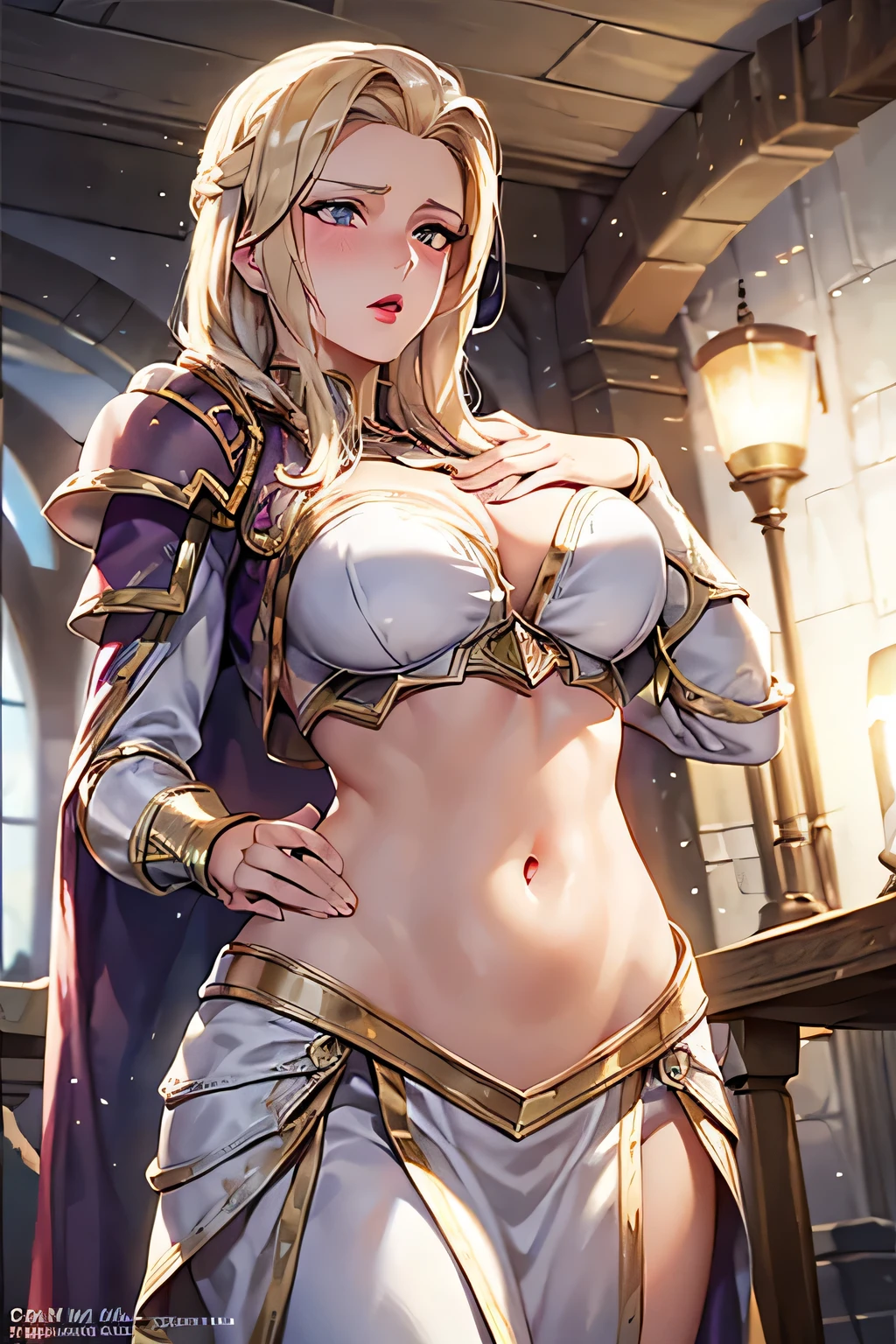 super fine illustration, vibrant colors, masterpiece, sharp focus, best quality, depth of field, ultra detailed, 1girl, solo, blush, purple waist cloth, long sleeves, armor,  warcraft, world of warcraft, WOW, jaina proudmoore, Elegant, looking down, blonde hair, body armor, shoulder pad armor, body armor, white skirt, red lipstick, night, indoors, leaning back, hands on own stomach, embarrassed,  red lips, chestnut mouth, midriff