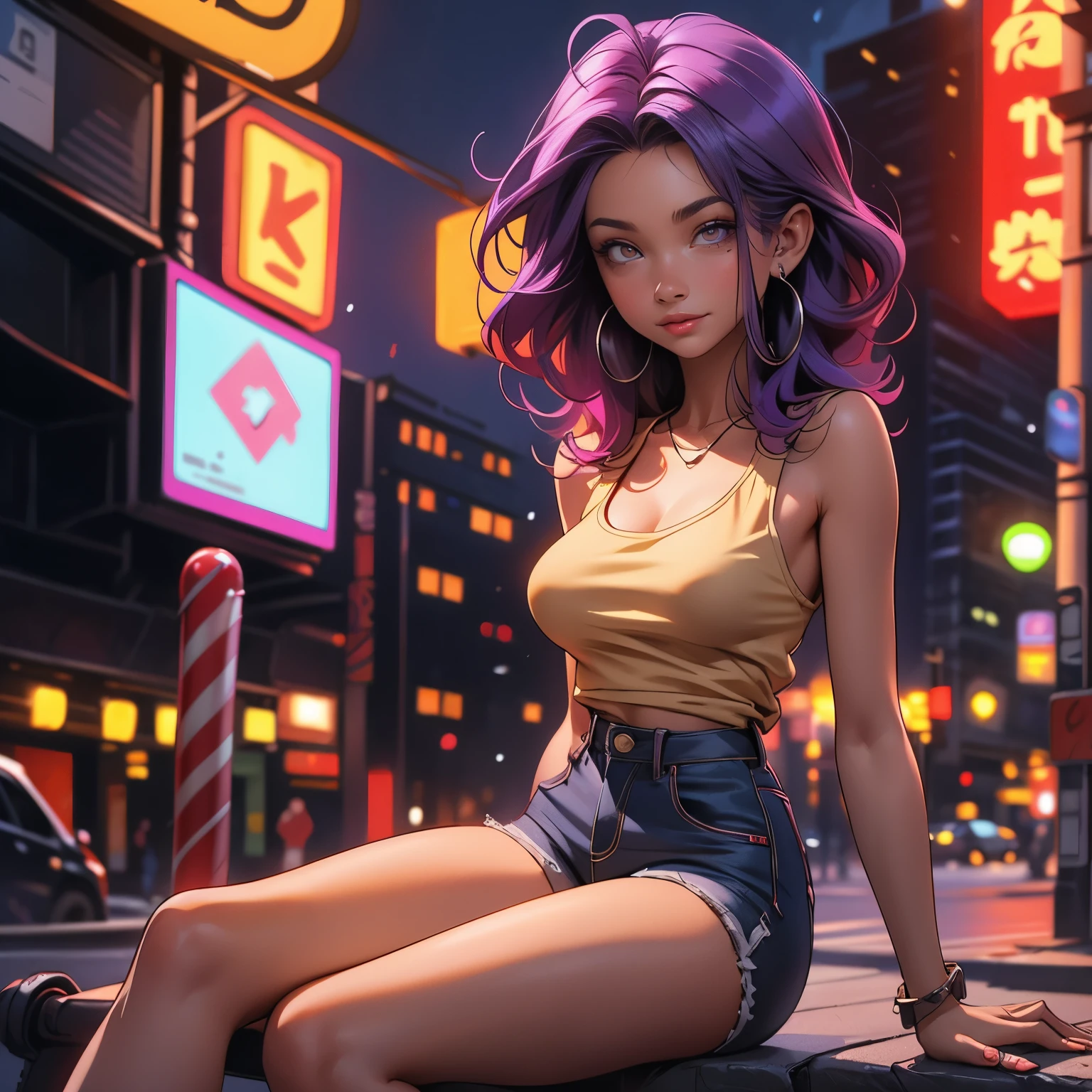 (masterpiece), best quality, 1girl, expressive eyes, perfect face, (purple hair), perfect anatomy, full body, 4k, HDR, full HD, alone, short dark purple hair hanging down spiky, red tank top, bulging chest, bra strap visible, sitting on a bench against a concrete wall, holding lollipop, short shorts, skimpy, (red light district), dim lighting, raining, night, neon lit,