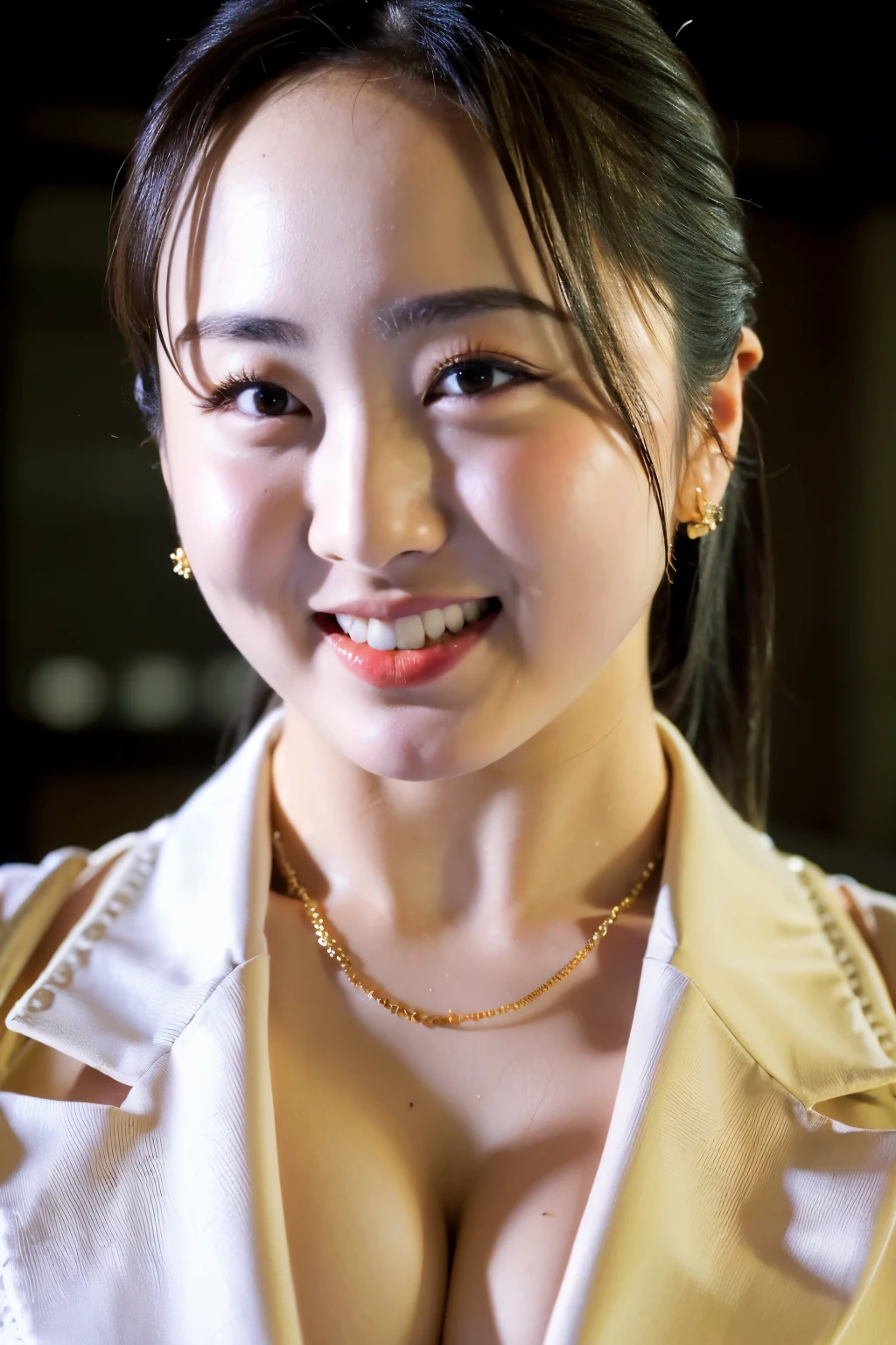 ((best quality)), ((masterpiece)), (detailed), 1girl, sexy, (SFW:1.0), (Japanese woman politician), real skin, mole under eye, smile, (big breasts:1.3), (sagging breasts:1.0), (cleavage:1.1), necklace, earrings, politician jacket, suit, (background: in parliament, in congress, in senate, meeting), (discussing with microphone :1.0)