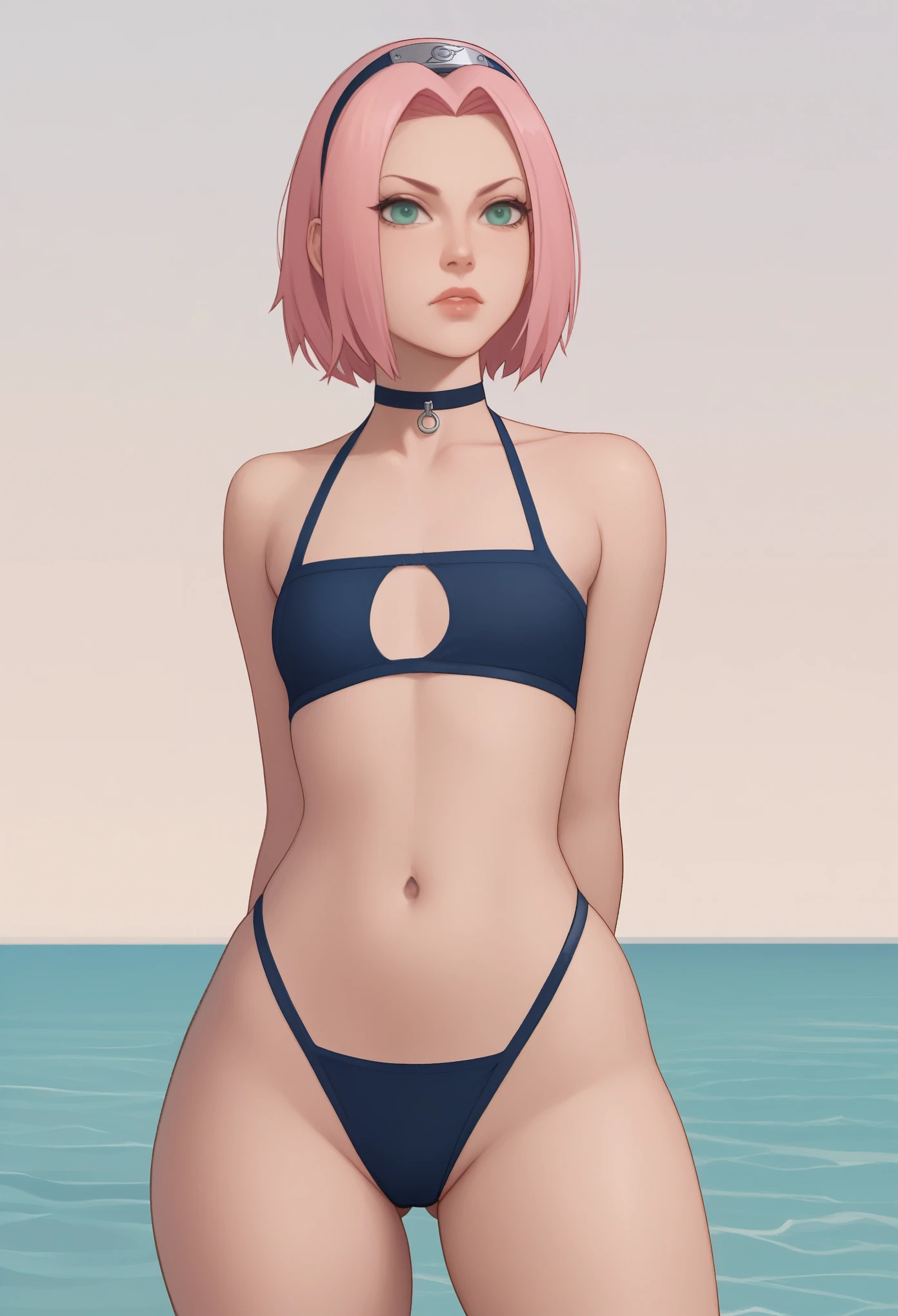 Haruno Sakura. short pale pink hair, large light green eyes, a large forehead, thin lips, small saggy breasts and very slim. huge hips. An angry expression on his face. choker. swimsuit, rear view. bottom view, beach