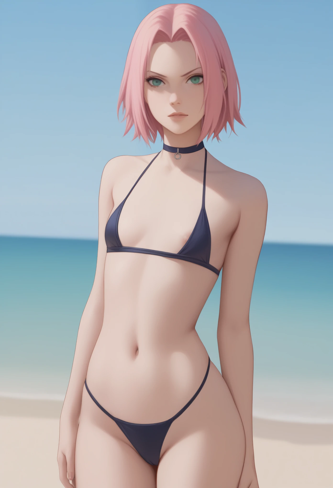 Haruno Sakura. short pale pink hair, large light green eyes, a large forehead, thin lips, small saggy breasts and very slim. huge hips. An angry expression on his face. choker. swimsuit, rear view. bottom view, beach