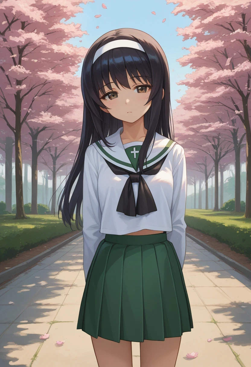 score_9, score_8_up, score_7_up, score_6_up, , solo, 20yo woman, (Beuty:1.1) , (cute:1.3),  arms behind back, standing, outdoors, cherry blossoms, half sleeped, half closed eyes,
 reizei mako, long hair, black hair, white hairband, brown eyes, ooarai school uniform,white sailor collar,black neckerchief,white shirt,long sleeves,green skirt,black socks,loafers