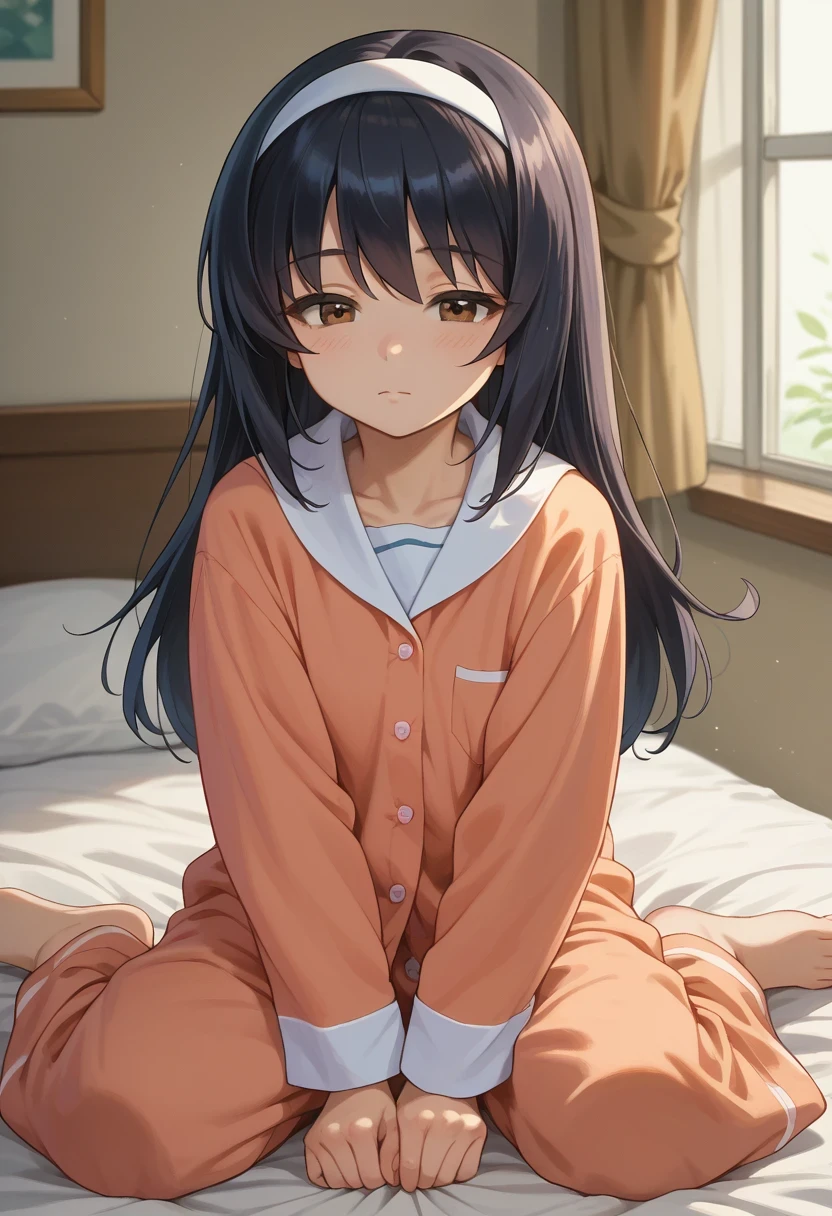 score_9, score_8_up, score_7_up, score_6_up, , solo, 20yo woman, (Beuty:1.1) , (cute:1.3), 
 reizei mako, long hair, black hair, white hairband, brown eyes, half-closed eyes, pajama, on bed, sitting,