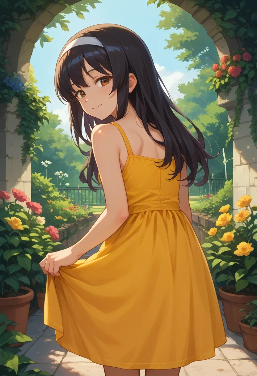 score_9, score_8_up, score_7_up, score_6_up, , solo, 20yo woman, (Beuty:1.1) , (cute:1.3),  half-closed eyes
 reizei mako, long hair, black hair, white hairband, brown eyes,  from behind, yellow sundress, garden, day, sunshine, smile, looking back,