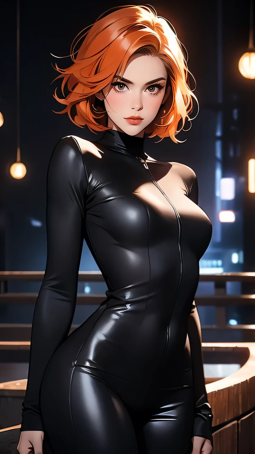 ((Masterpiece)), envision a 8k, highres, cinematic, extremely beautiful semi realistic full body pinup of a beautiful mature lady with a strong face, frown, mean face, slender body, full black body suit, ((messy short orange hair)), blush, angry, side locks,  round face, long sweeping bangs, red eyes, soft lips, lip gloss, thick eyebrows, round face, ((((1girl)))), in dark lighting, against a dark gray background