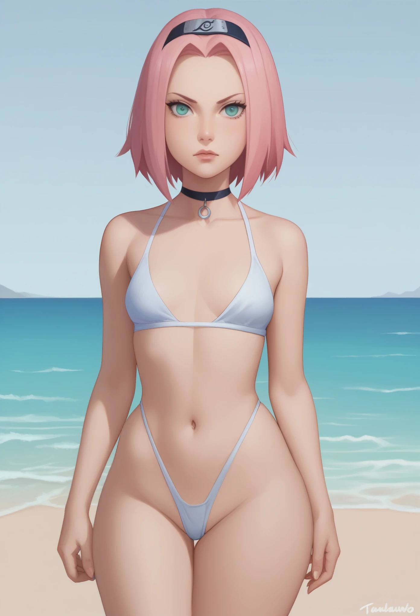 Haruno Sakura. short pale pink hair, large light green eyes, a large forehead, thin lips, small saggy breasts and very slim. huge hips. An angry expression on his face. choker. swimsuit, rear view. bottom view, beach