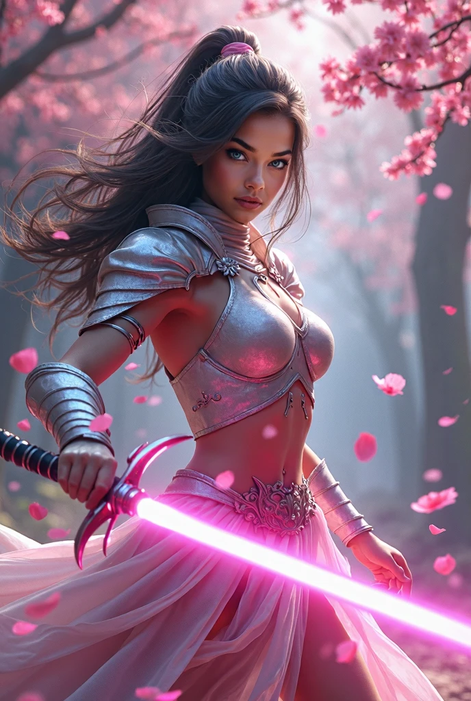 (full body image), Young, 20 years old, dark wavy flowing hair, holding a very bright pink light sword, super shiny saber, with combat pose, bright green eyes, wearing hyper illuminated armor, cherry blossom petals floating around the warrior girl