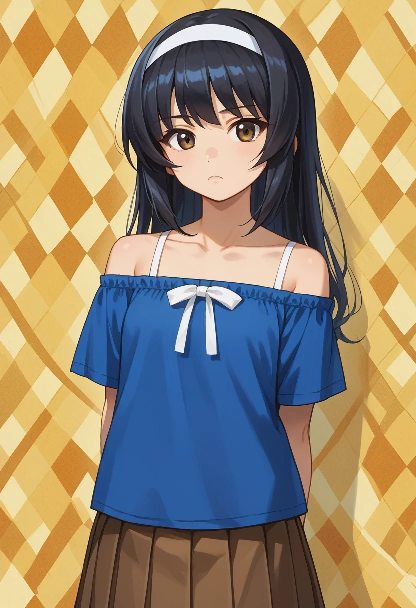 score_9, score_8_up, score_7_up, score_6_up, , solo, 20yo woman, (Beuty:1.1) , (cute:1.3), 
 Reize Mako, 1girl, reizei mako, long hair, blue shirt, black hair, looking at viewer, white hairband, standing, bangs, closed mouth, off-shoulder shirt, brown eyes, brown skirt, pleated skirt, off shoulder, casual, argyle background, blouse, miniskirt, arms behind back, yellow background, light frown, white ribbon, collarbone, cowboy shot, bare shoulders, short sleeves