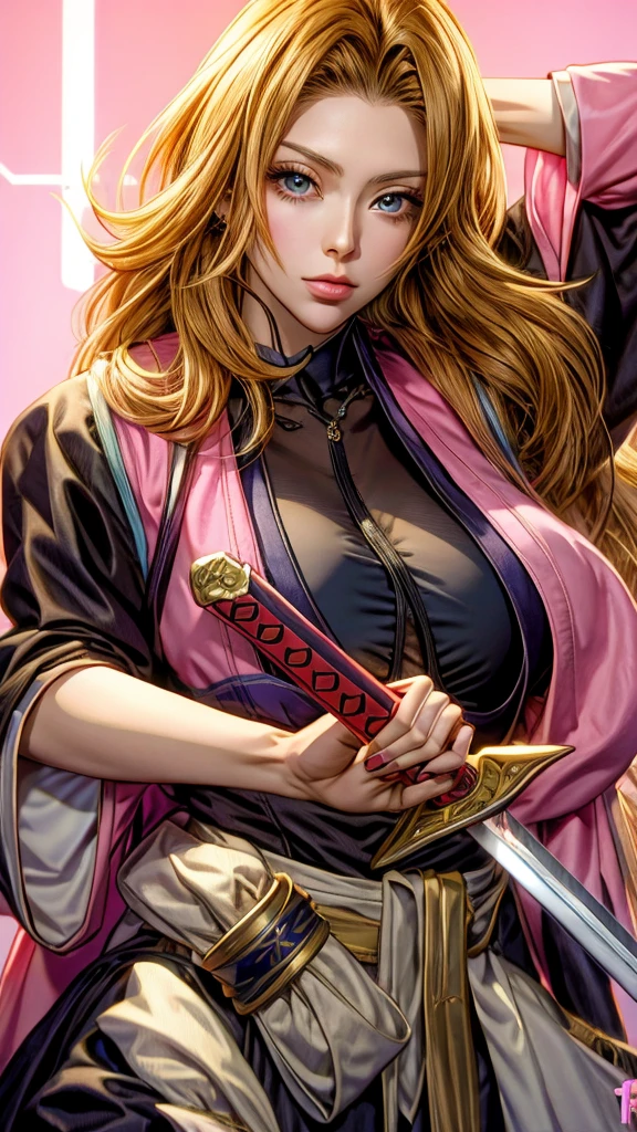 anime girl with a sword and a pink jacket, she is holding a katana sword, inspired by Nishikawa Sukenobu, holding a sword on her shoulder, marisa kirisame, marin kitagawa fanart, fox nobushi holding a naginata, she is holding a sword, with large sword, inspired by Kusumi Morikage, cushart kenz