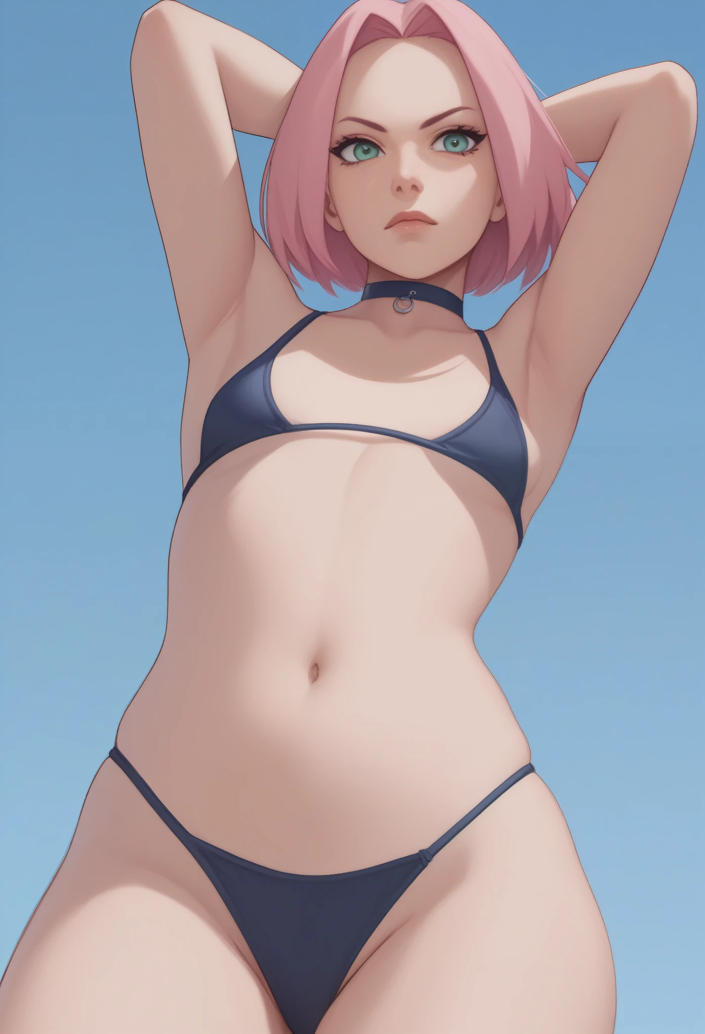 Haruno Sakura. short pale pink hair, large light green eyes, a large forehead, thin lips, small saggy breasts and very slim. huge hips. An angry expression on his face. choker. swimsuit, rear view. bottom view, beach