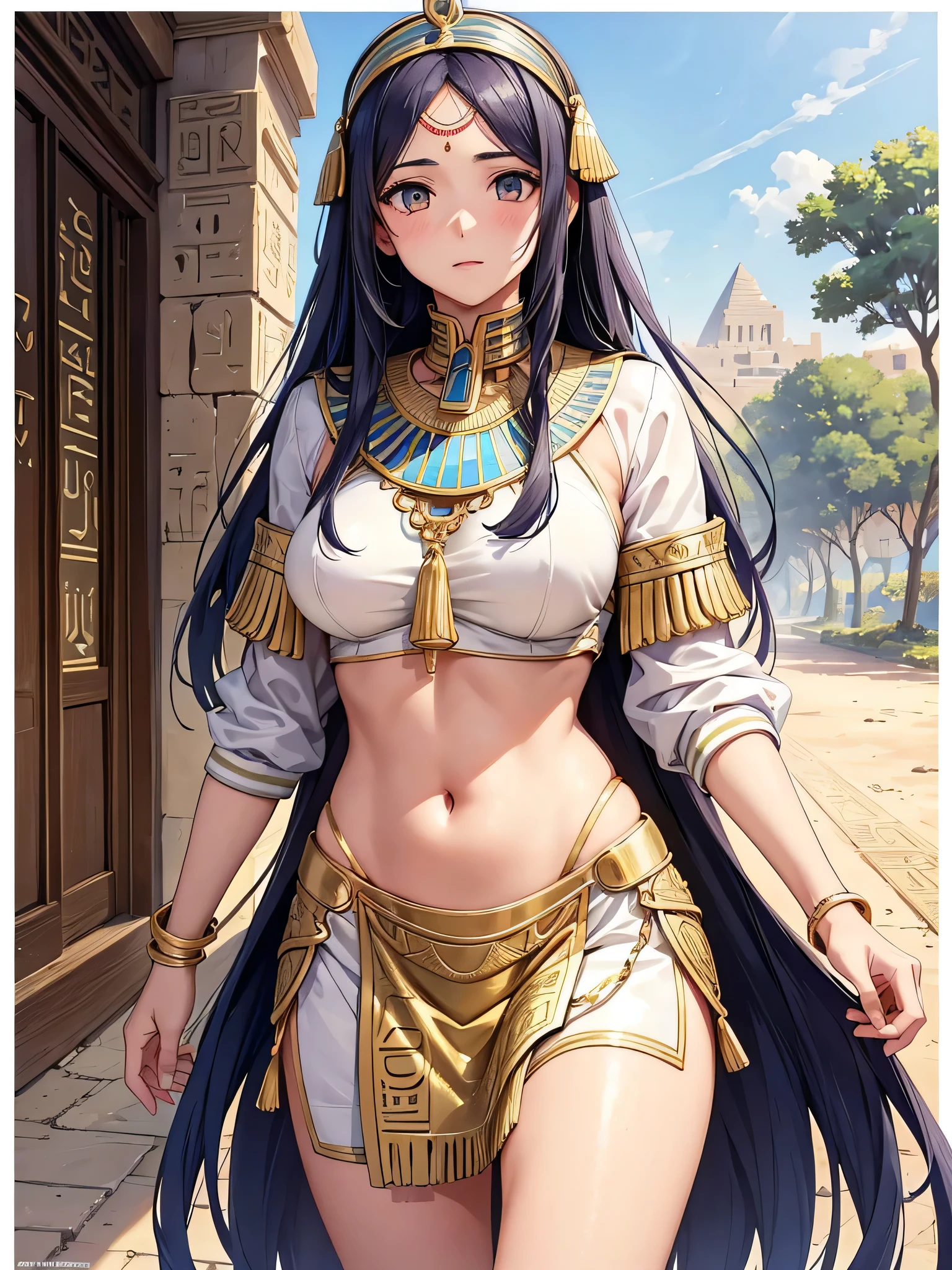 All intricate realistic details: "An ancient Egyptian  girl walking along the banks of the Nile River, Her body and face are similar to Pricilla Ricart, Lightweight clothing due to the heat, anime mappa style, with detailed and intricate realistic frontal elements with more facial details if possible"