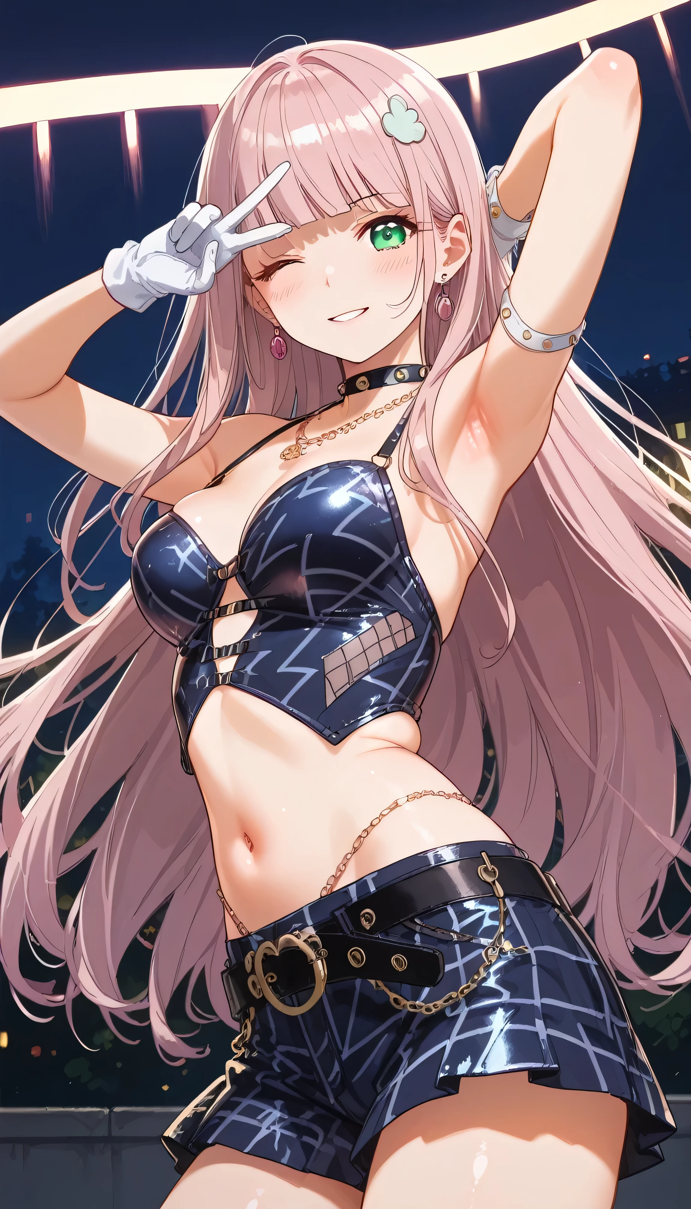 masterpiece, best quality, highres, aamika, twintails, hair bow, idol clothes, choker, vest, wrist cuffs,, midriff,latex shorts,medium breasts