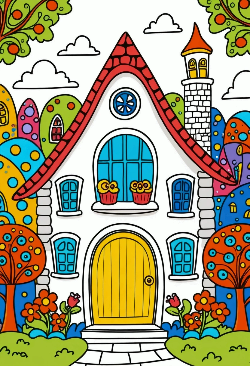 Cartoon fairy tale house，There is a door and a door with a window, Colorful book illustration, Colorfull illustration, Coloring books page, Fantasy Colors, Full color illustrations, Colorful illustrations, clean Coloring books page, Drawn in a whimsical style, Fairy tale illustration style, Color illustrations, Fairy tale illustration, Fairy tale illustration, artwork, Coloring Pages, Magical fairy tale background, Coloring books