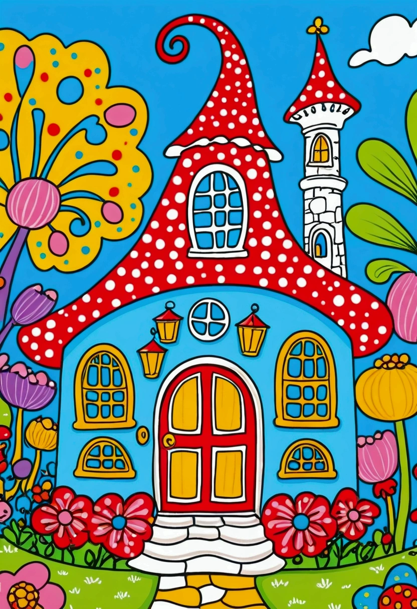 Cartoon fairy tale house，There is a door and a door with a window, Mary Angel (Marie Angel) Storybook illustrations, Behance Contest Winners, Toyism, Colorful book illustration, Colorfull illustration, Coloring book pages, Fantasy Colors, Full color illustrations, Colorful illustrations, clean Coloring book pages, Drawn in a whimsical style, Fairy tale illustration style, Color illustrations, Fairy tale illustration