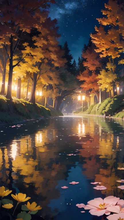 (masterpiece highest quality, highest quality, official art beautiful, beautiful:1.2) anime illustration, Enchanted forest, floating lights, multicolored roses 