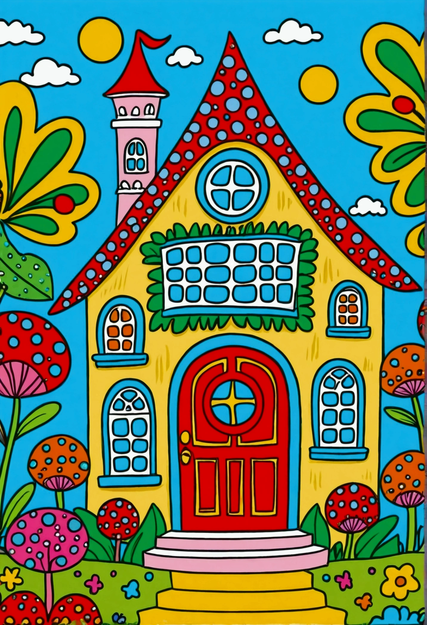 Cartoon fairy tale house，There is a door and a door with a window, Colorful book illustration, Colorfull illustration, Coloring books page, Fantasy Colors, Full color illustrations, Colorful illustrations, clean Coloring books page, Drawn in a whimsical style, Fairy tale illustration style, Color illustrations, Fairy tale illustration, Fairy tale illustration, artwork, Coloring Pages, Magical fairy tale background, Coloring books