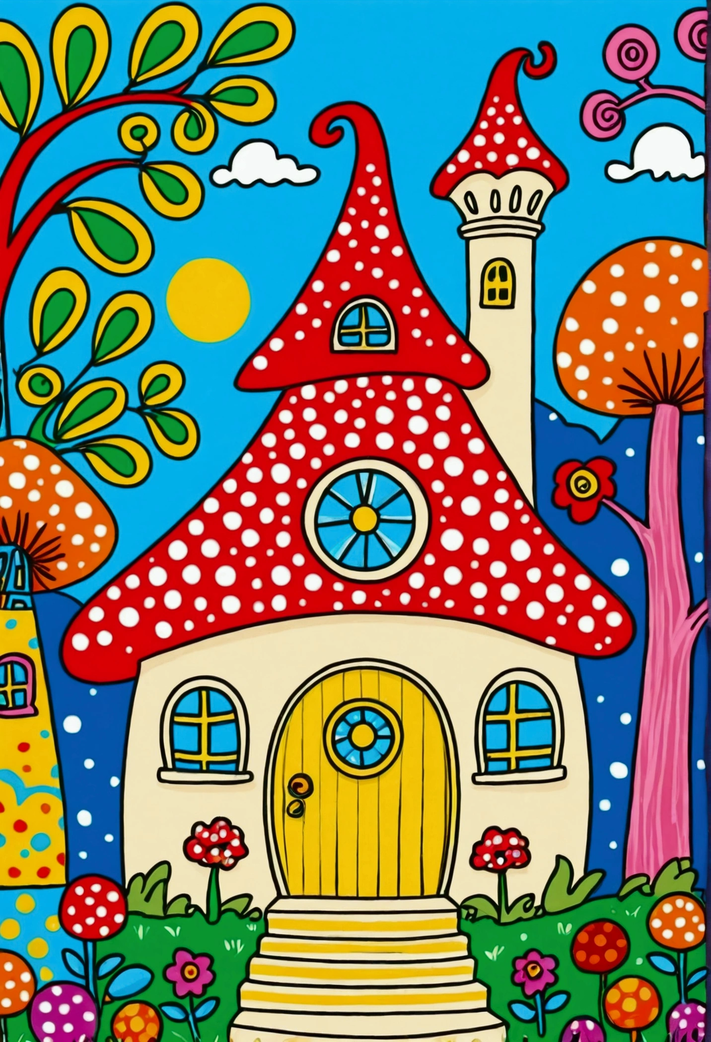 Cartoon fairy tale house，There is a door and a door with a window, Mary Angel (Marie Angel) Storybook illustrations, Behance Contest Winners, Toyism, Colorful book illustration, Colorfull illustration, Coloring book pages, Fantasy Colors, Full color illustrations, Colorful illustrations, clean Coloring book pages, Drawn in a whimsical style, Fairy tale illustration style, Color illustrations, Fairy tale illustration