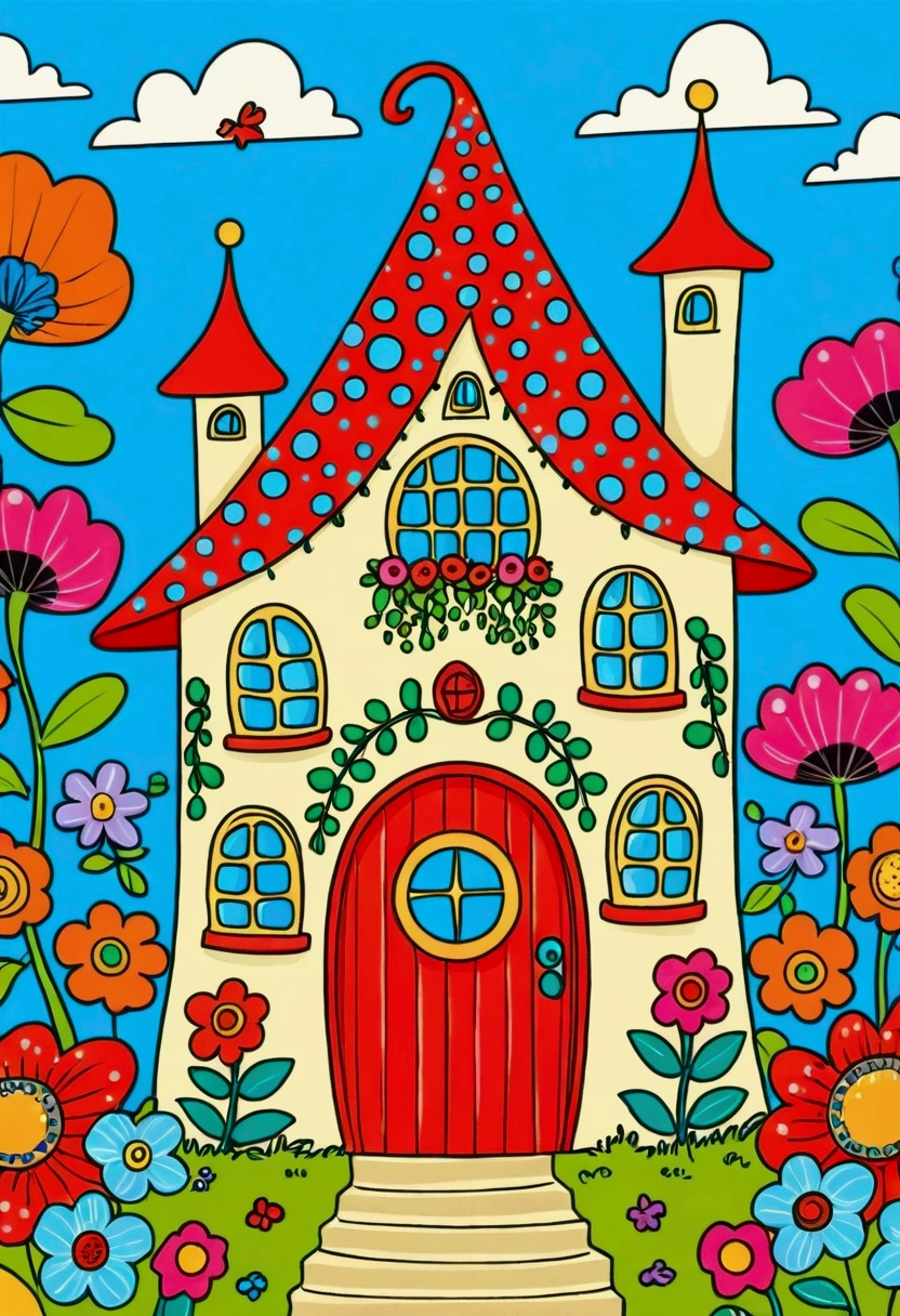 Cartoon fairy tale house，There is a door and a door with a window, Mary Angel (Marie Angel) Storybook illustrations, Behance Contest Winners, Toyism, Colorful book illustration, Colorfull illustration, Coloring book pages, Fantasy Colors, Full color illustrations, Colorful illustrations, clean Coloring book pages, Drawn in a whimsical style, Fairy tale illustration style, Color illustrations, Fairy tale illustration